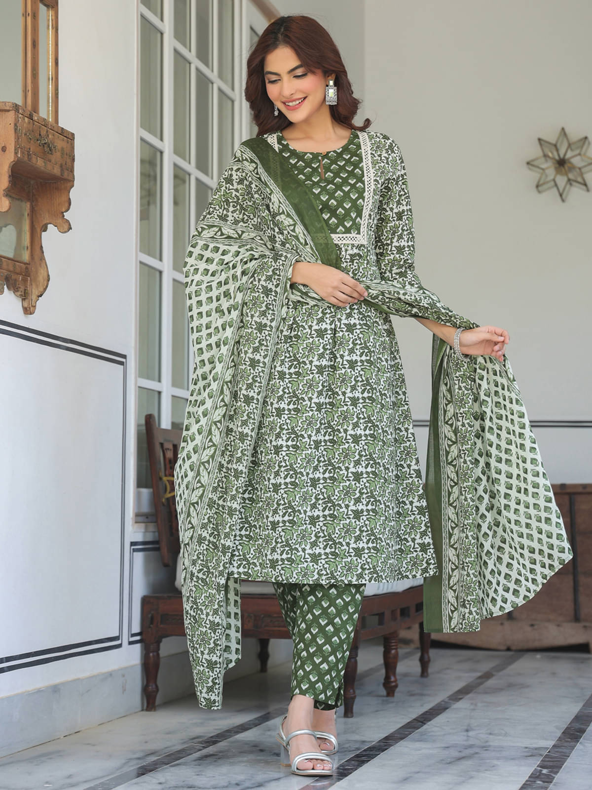     			Janasya Cotton Printed Kurti With Pants Women's Stitched Salwar Suit - Olive ( Pack of 1 )