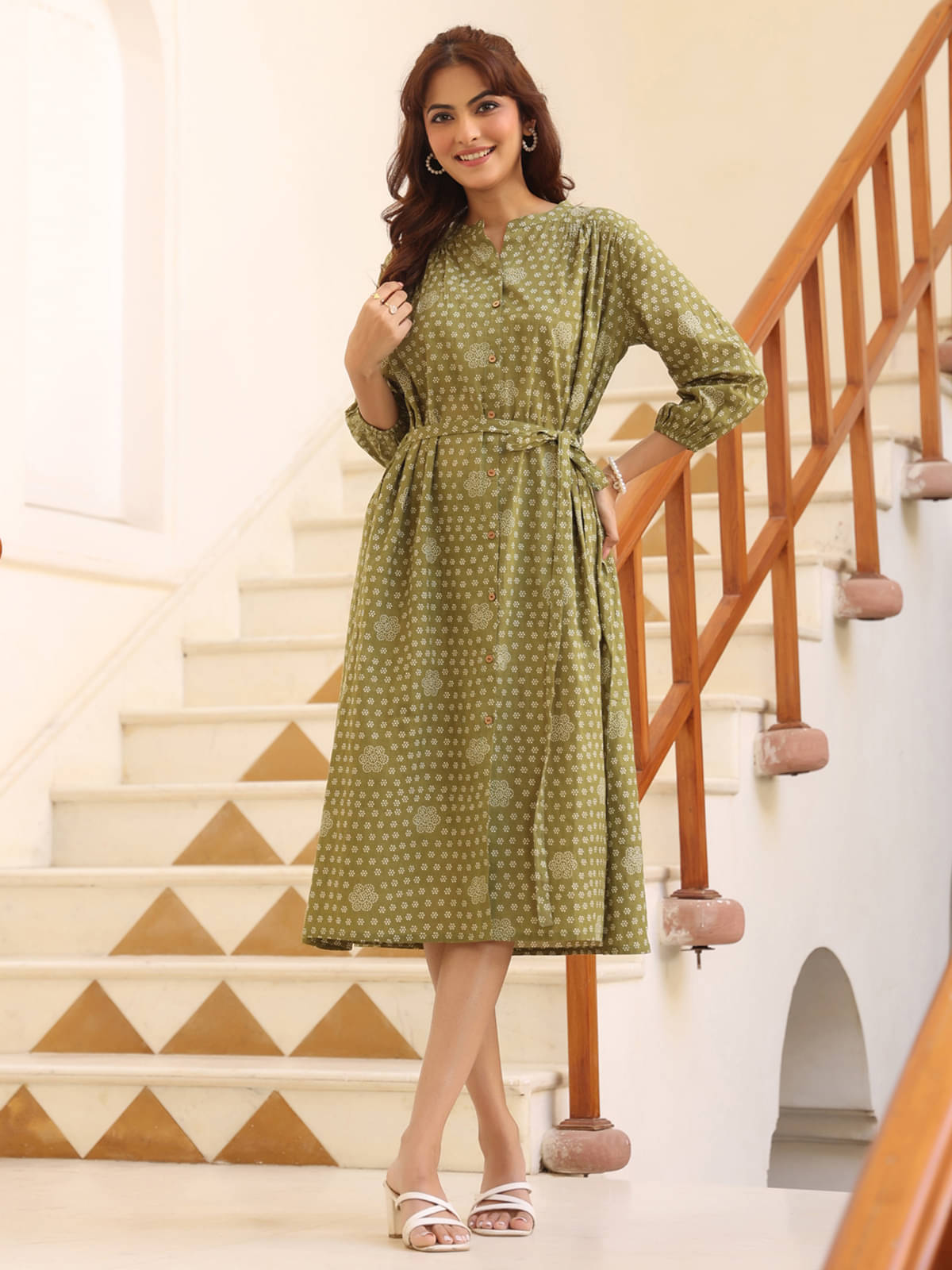     			Janasya Women Cotton Printed A-line Dress ( Olive )