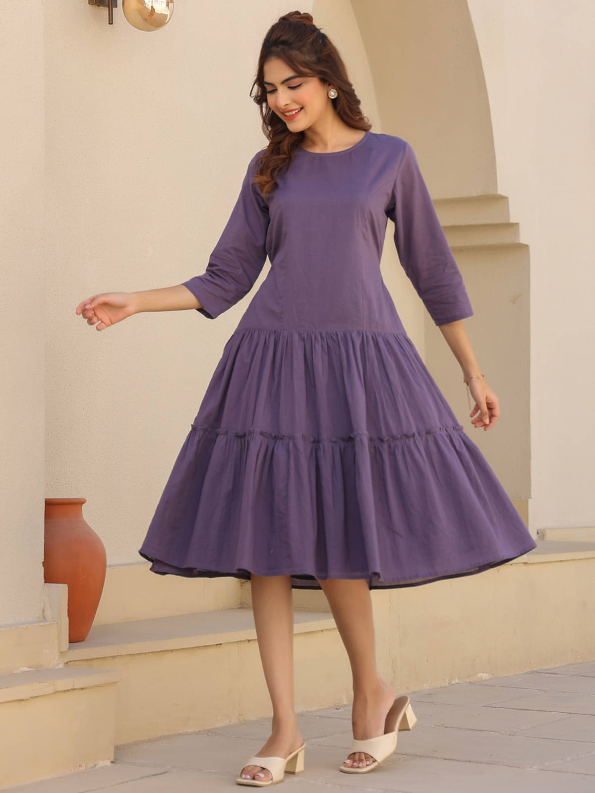 Janasya Women Cotton Solid Fit & Flare Dress ( Lavender ) Janasya Women Cotton Solid Fit & Flare Dress ( Lavender )