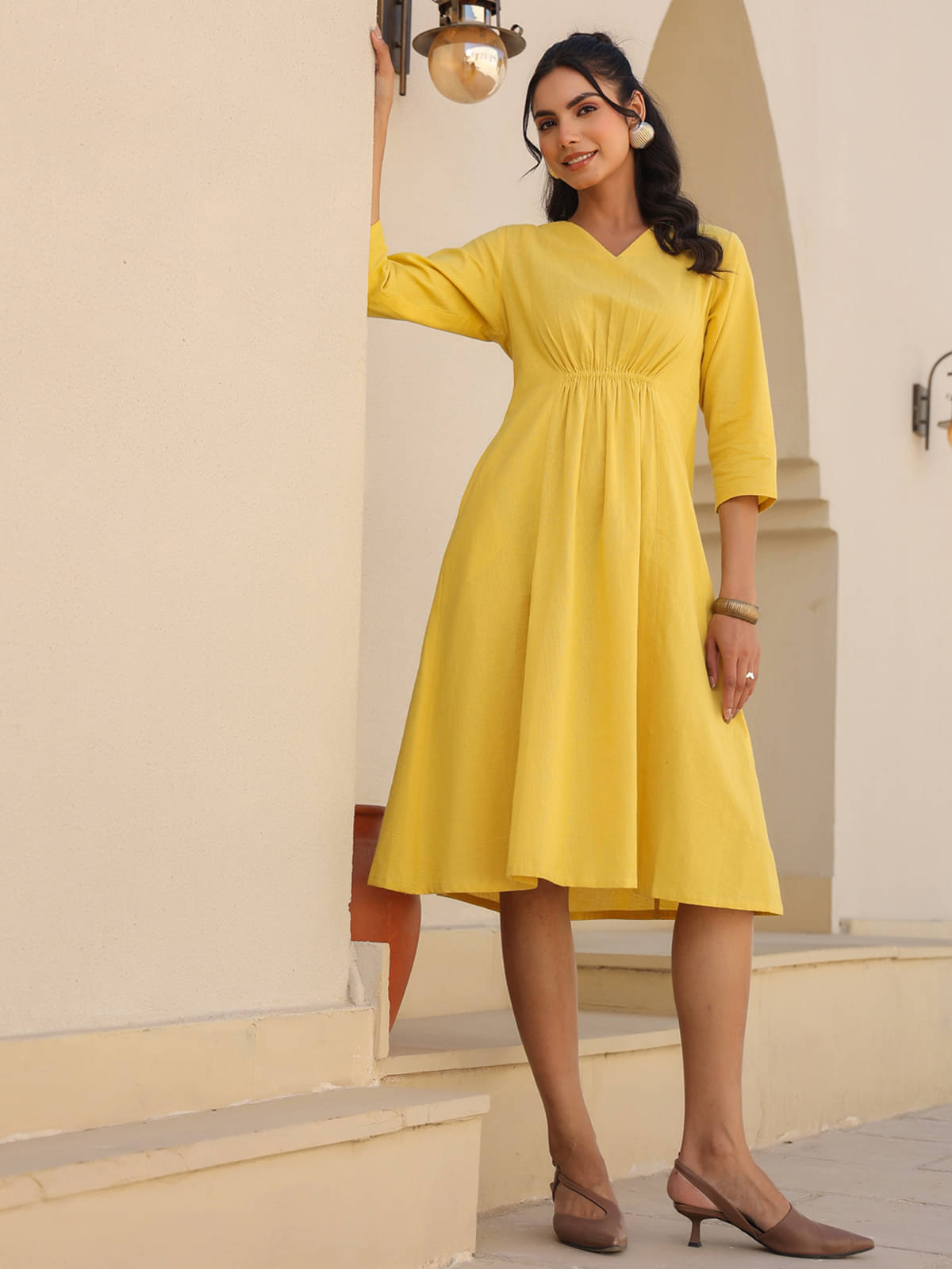     			Janasya Women Cotton Solid A-line Dress ( Yellow )
