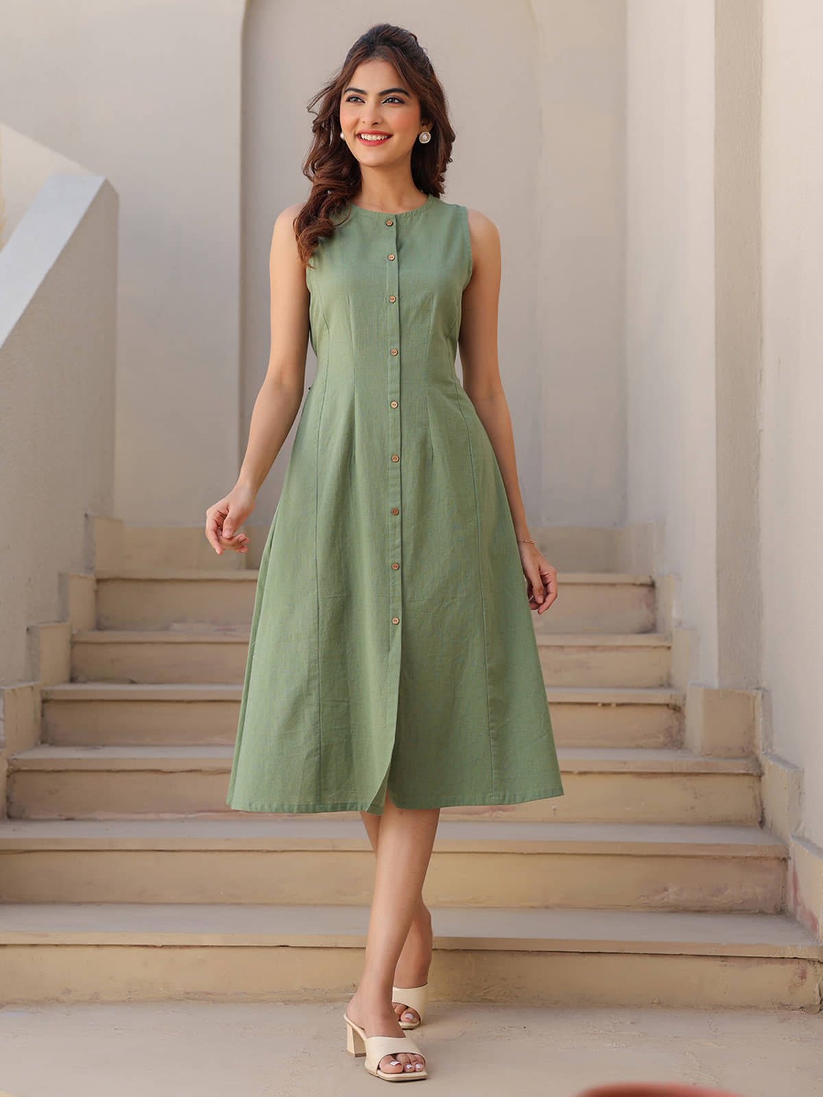 Janasya Cotton Solid Midi Women's A-line Dress - Green ( Pack of 1 )