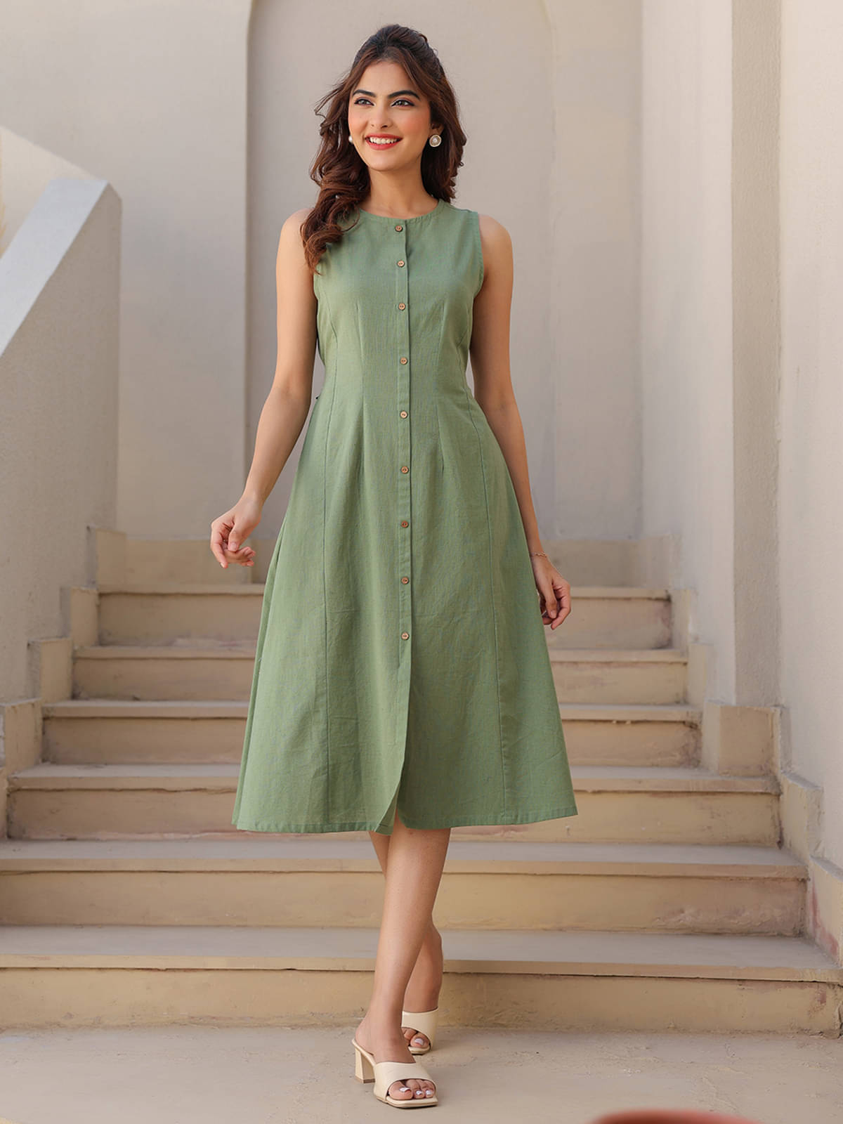     			Janasya Cotton Solid Midi Women's A-line Dress - Green ( Pack of 1 )