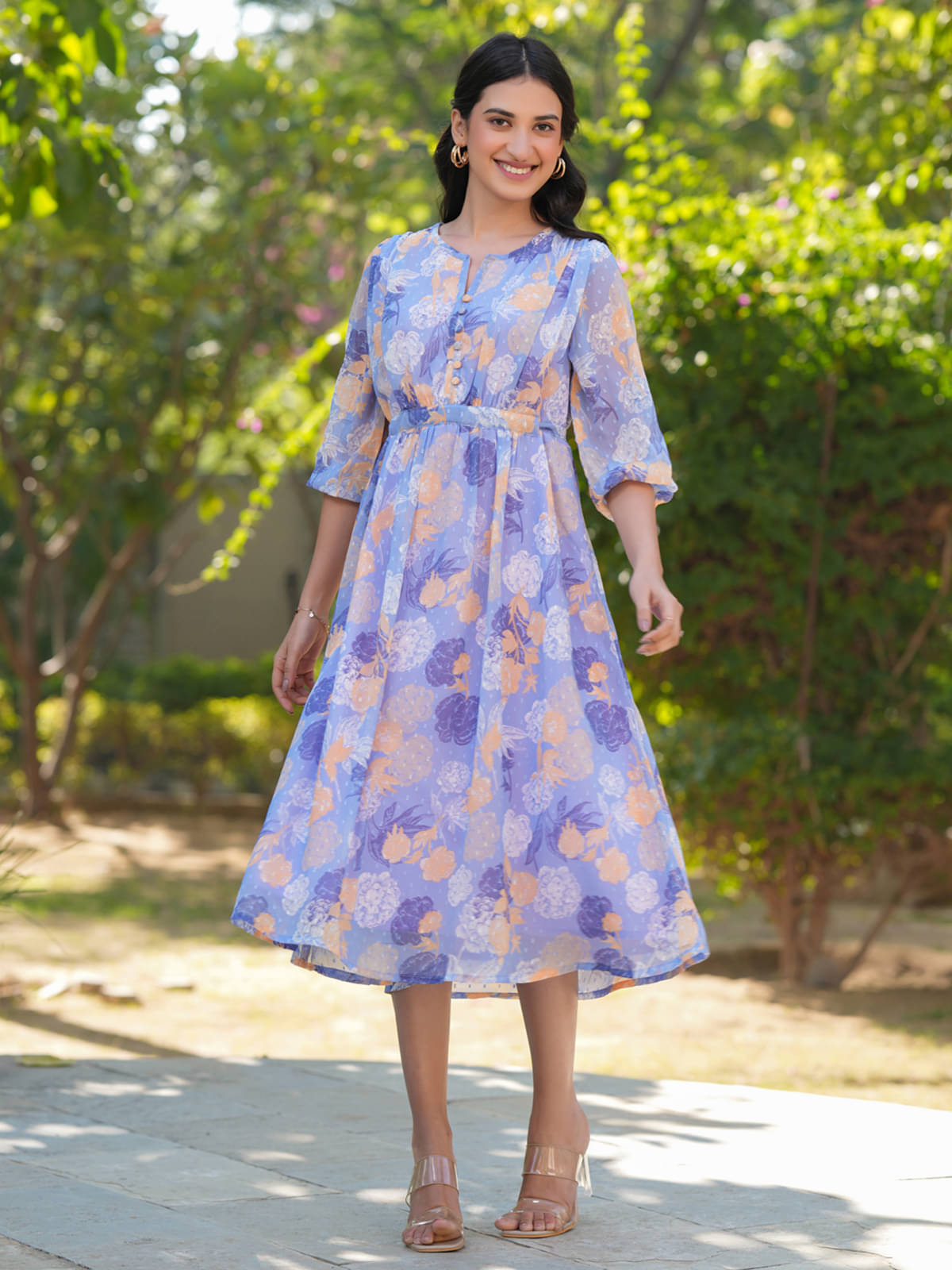 Janasya Women Georgette Printed A-line Dress ( Lavender ) Janasya Women Georgette Printed A-line Dress ( Lavender )
