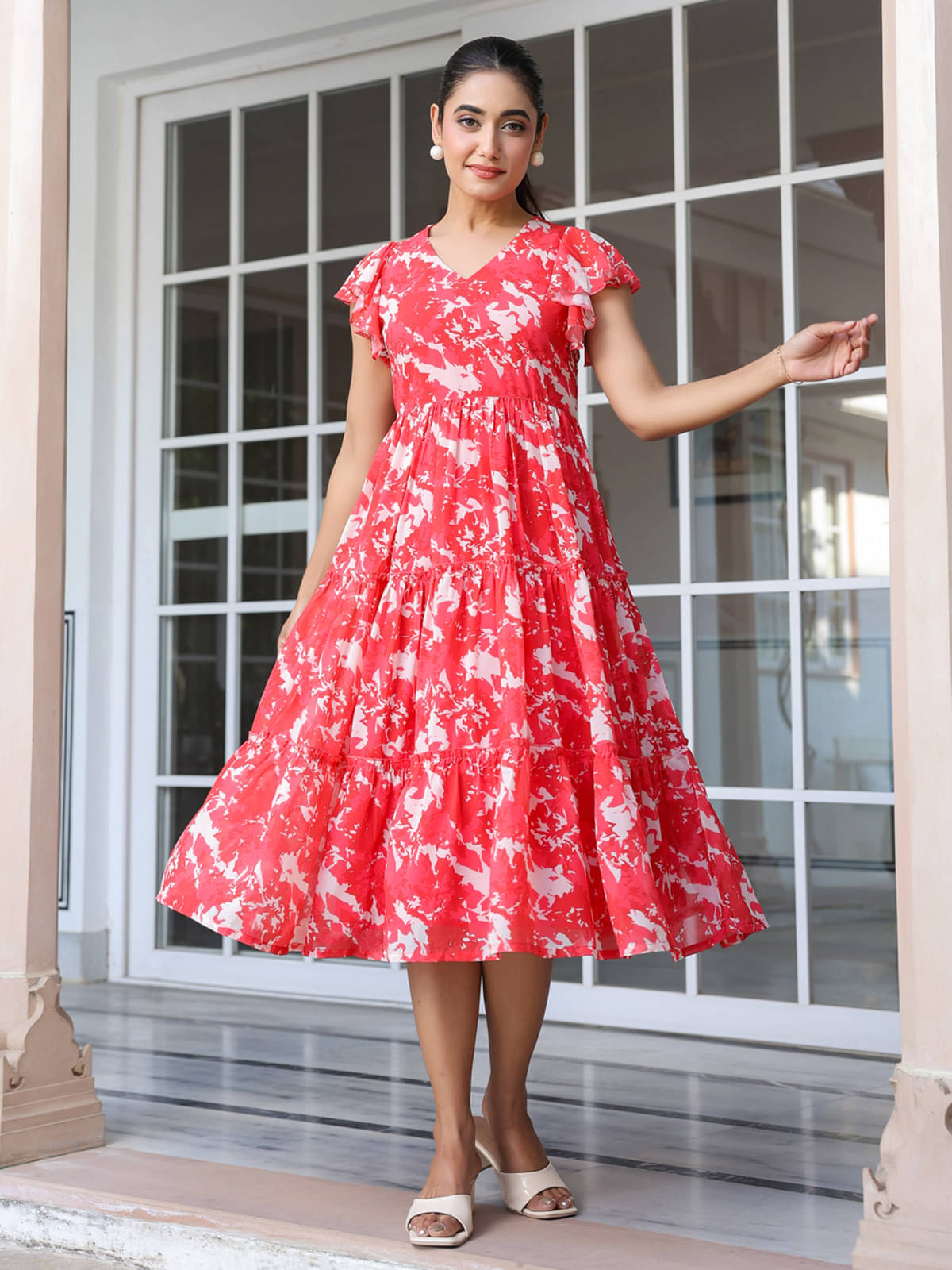     			Janasya Women Georgette Printed Fit & Flare Dress ( Red )