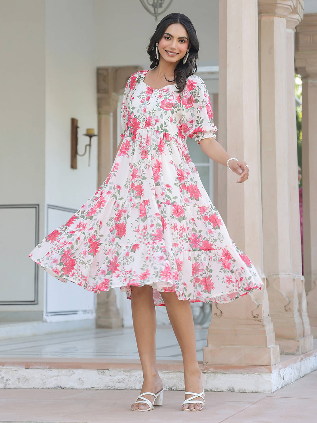 Janasya Women Georgette Printed Fit & Flare Dress ( Cream ) Janasya Women Georgette Printed Fit & Flare Dress ( Cream )