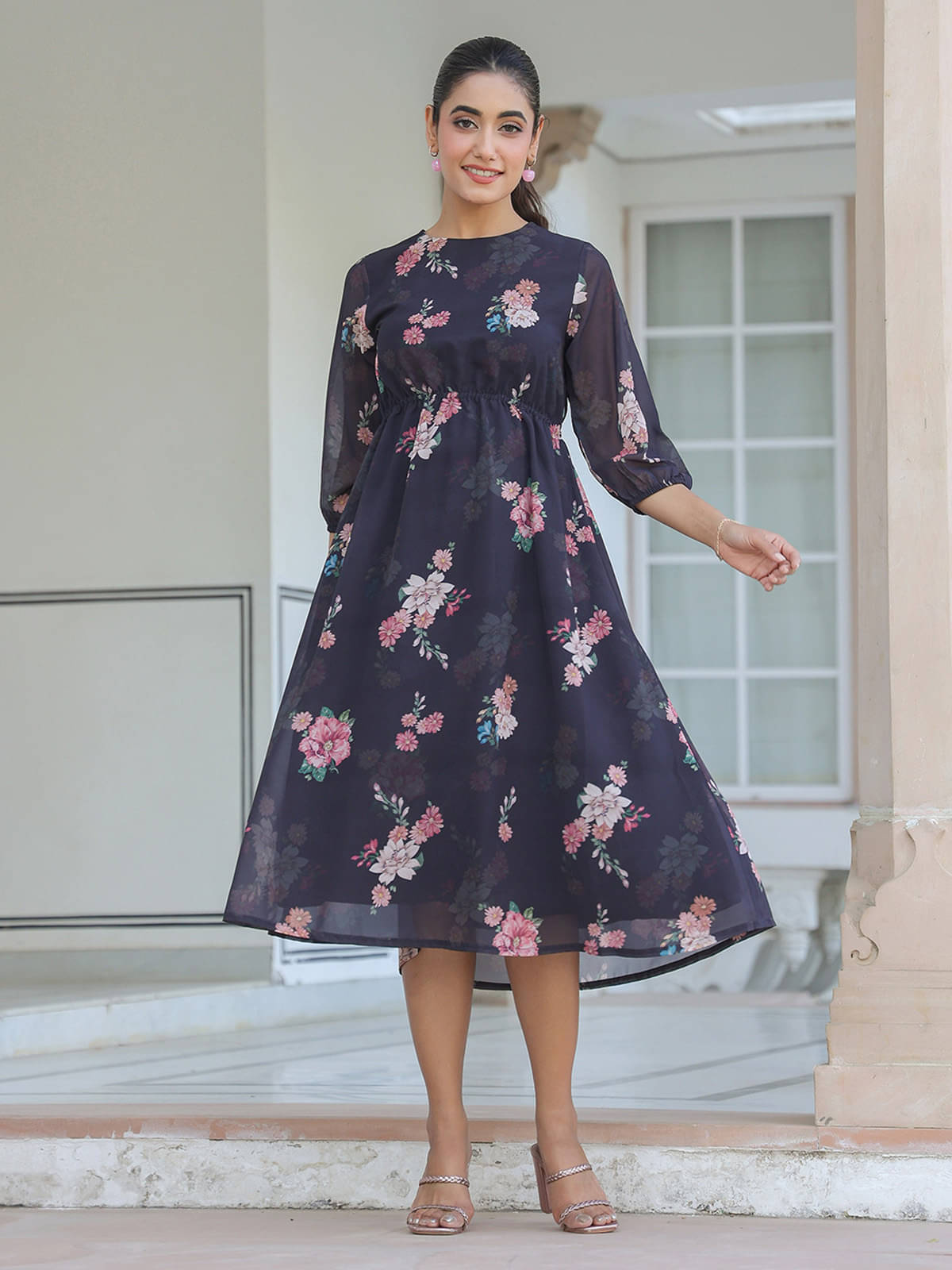     			Janasya Women Georgette Printed A-line Dress ( Black )
