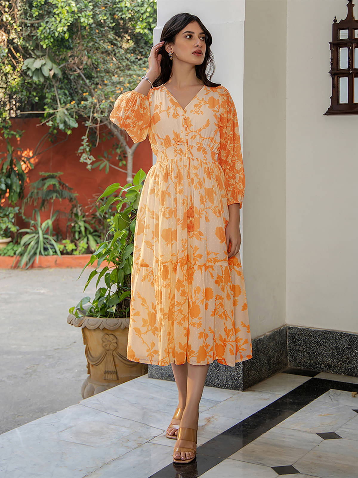 Janasya Women Georgette Printed Fit & Flare Dress ( Orange ) Janasya Women Georgette Printed Fit & Flare Dress ( Orange )