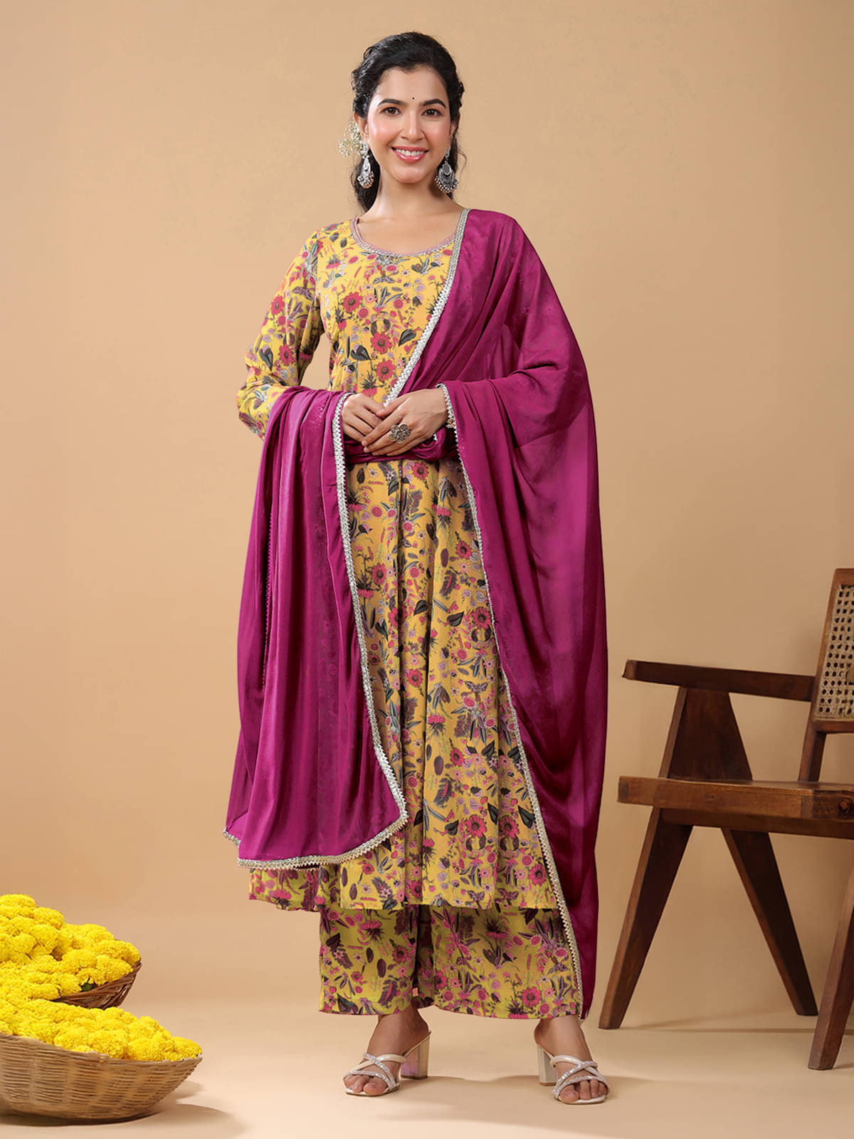 Janasya Georgette Printed Kurti With Palazzo Women's Stitched Salwar Suit - Mustard ( Pack of 1 )     			Janasya Georgette Printed Kurti With Palazzo Women's Stitched Salwar Suit - Mustard ( Pack of 1 )