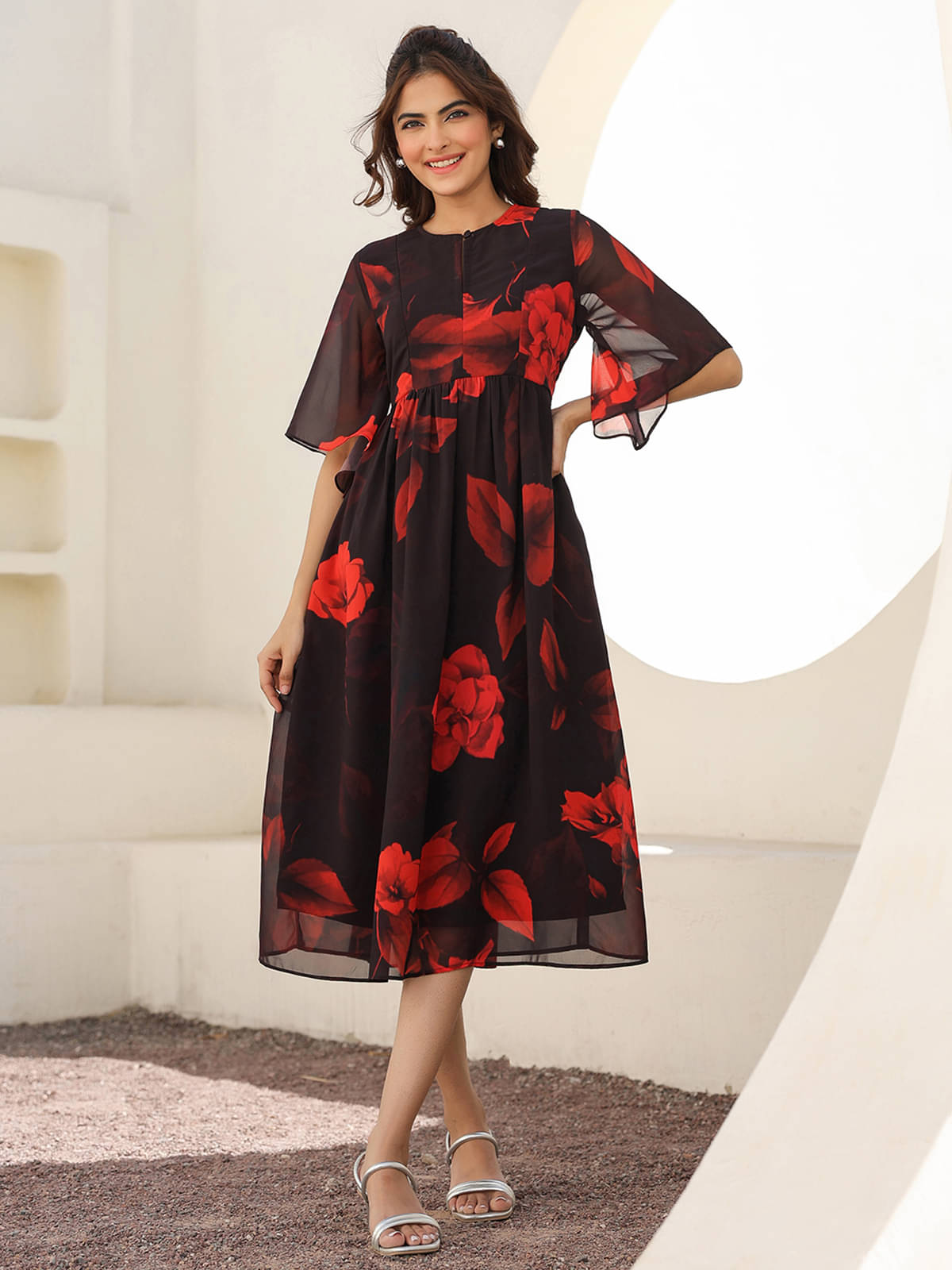 Janasya Women Georgette Printed A-line Dress ( Black ) Janasya Women Georgette Printed A-line Dress ( Black )