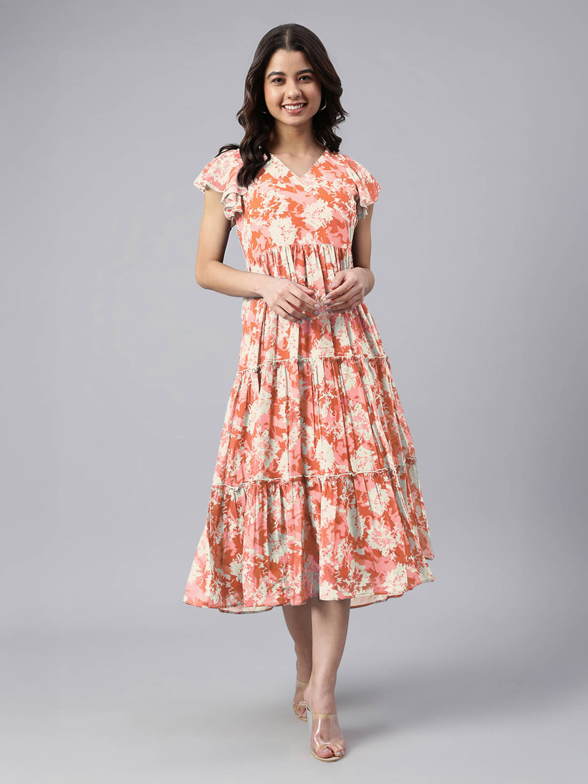 Janasya Women Georgette Printed Fit & Flare Dress ( Orange ) Janasya Women Georgette Printed Fit & Flare Dress ( Orange )