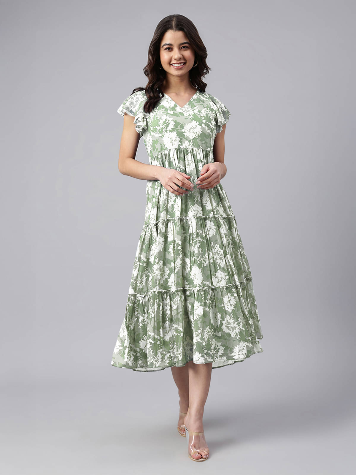 Janasya Women Georgette Printed Fit & Flare Dress ( Green ) Janasya Women Georgette Printed Fit & Flare Dress ( Green )