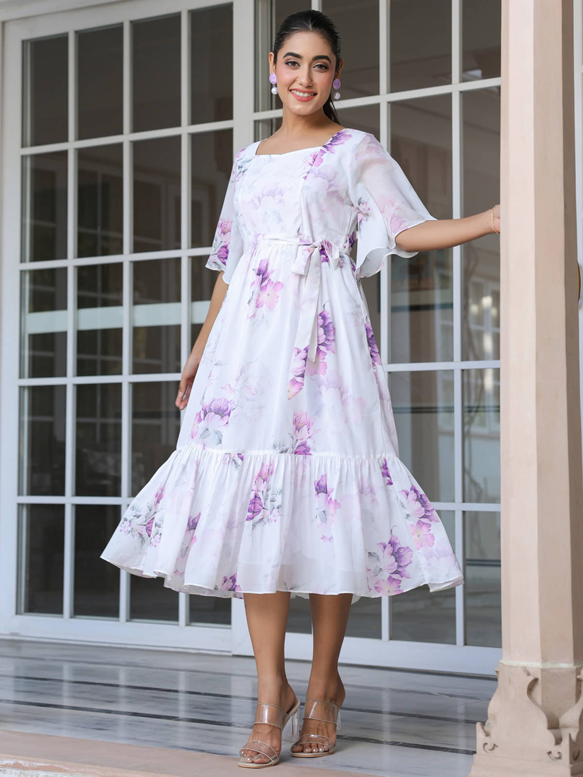     			Janasya Women Georgette Printed Fit & Flare Dress ( White )