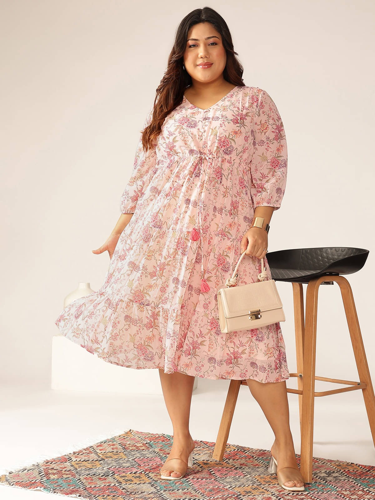     			Janasya Georgette Printed Midi Women's Fit & Flare Dress - Pink ( Pack of 1 )