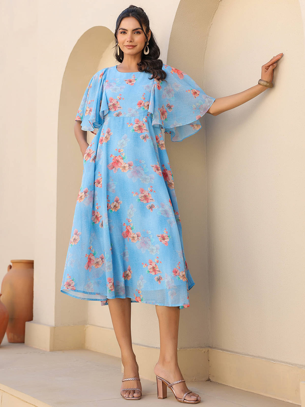 Janasya Women Georgette Printed A-line Dress ( Blue ) Janasya Women Georgette Printed A-line Dress ( Blue )