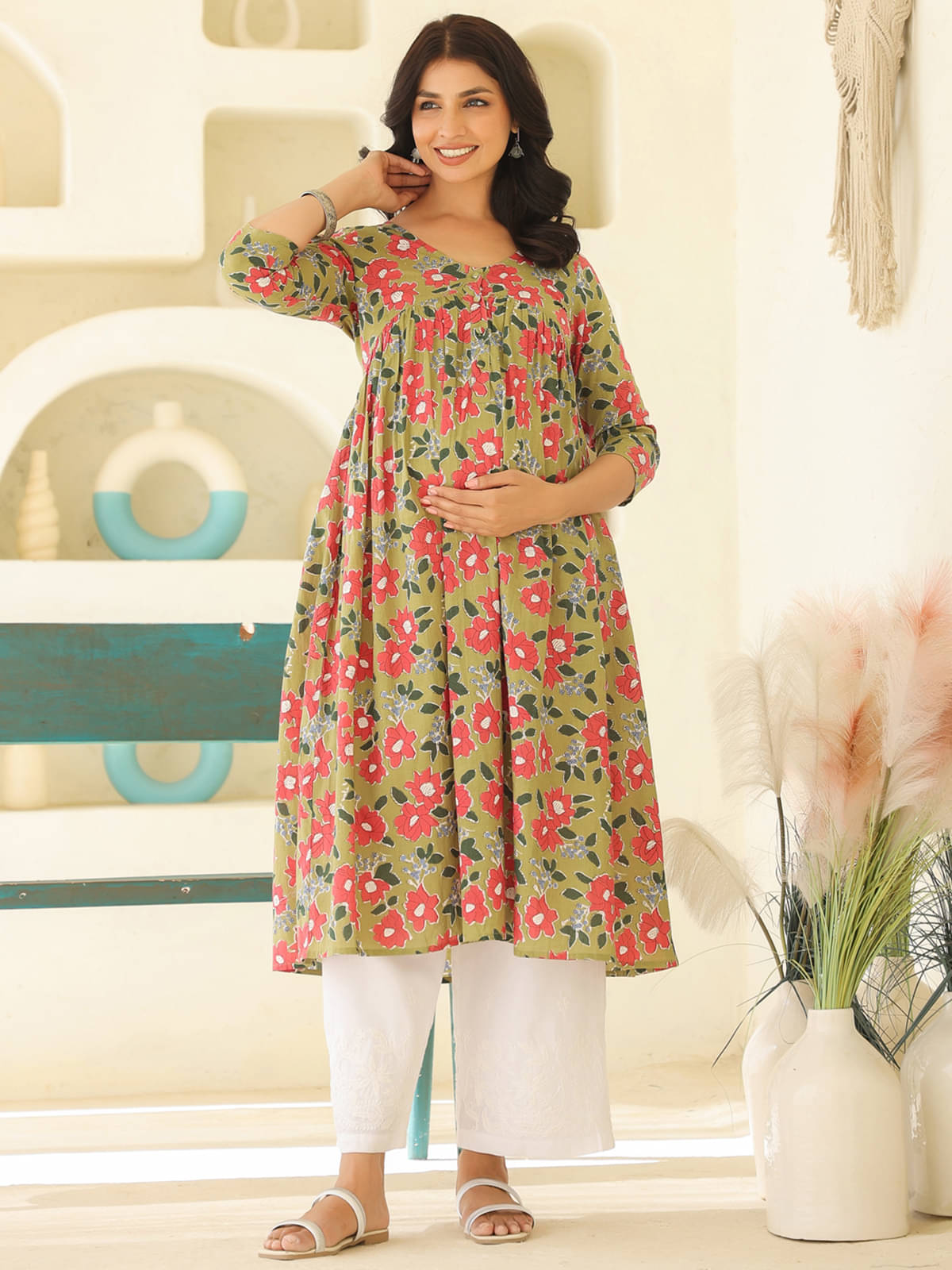 Janasya Green Cotton Maternity Kurta Single Janasya Green Cotton Maternity Kurta Single