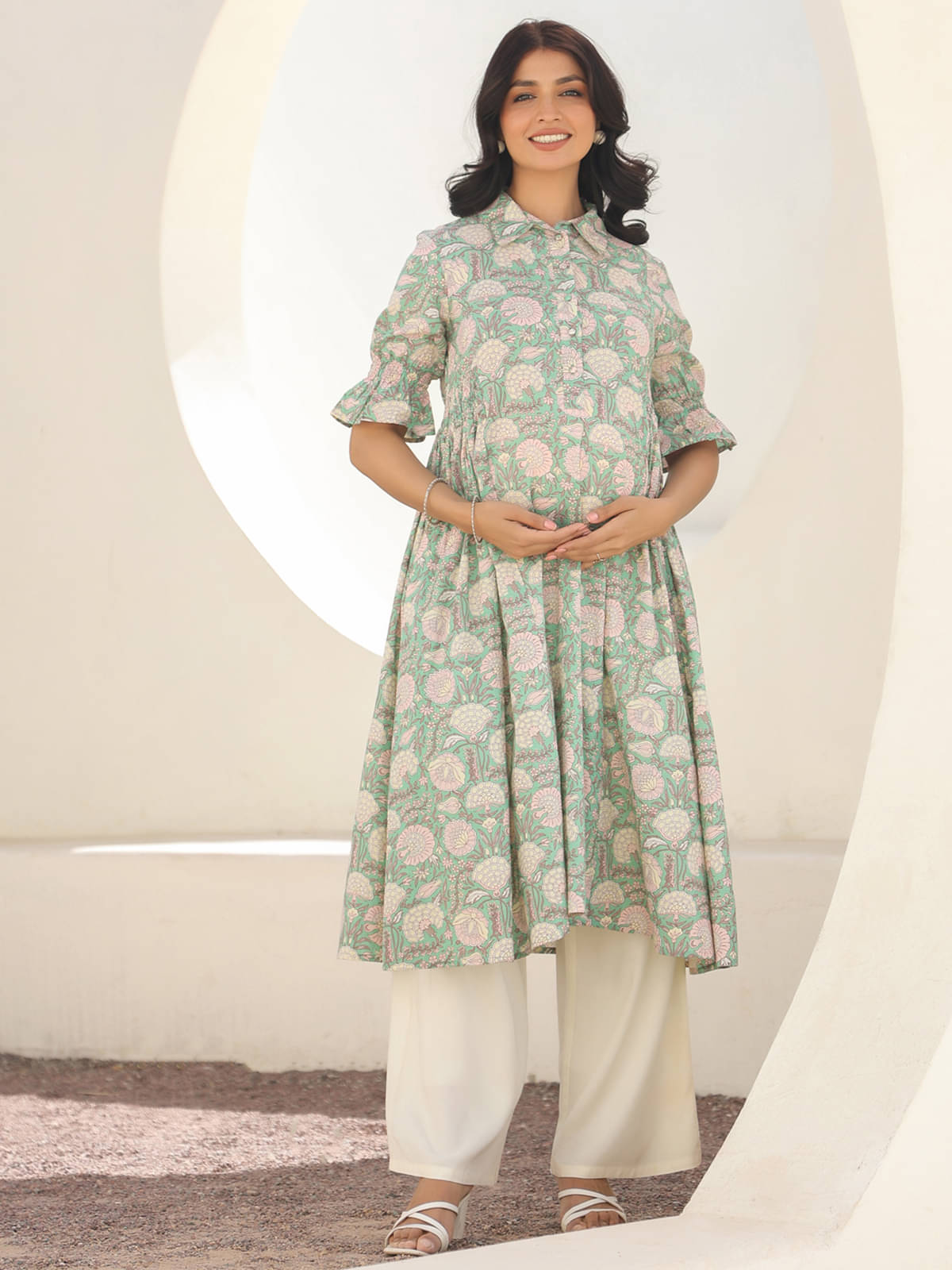     			Janasya Green Cotton Maternity Kurta Single