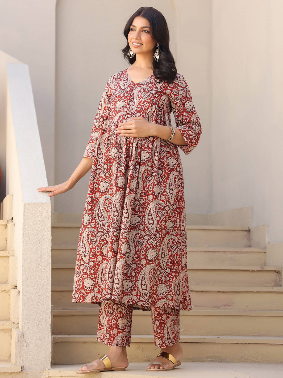     			Janasya Maroon Cotton Maternity Kurta Suit Set Single
