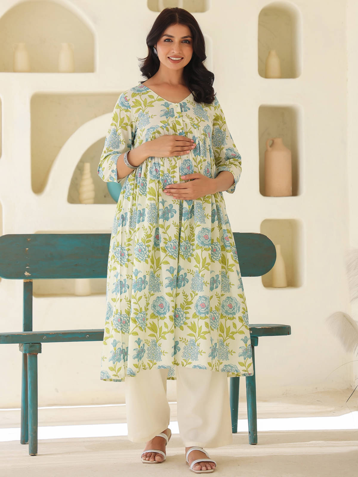     			Janasya Off White Cotton Maternity Kurta Single