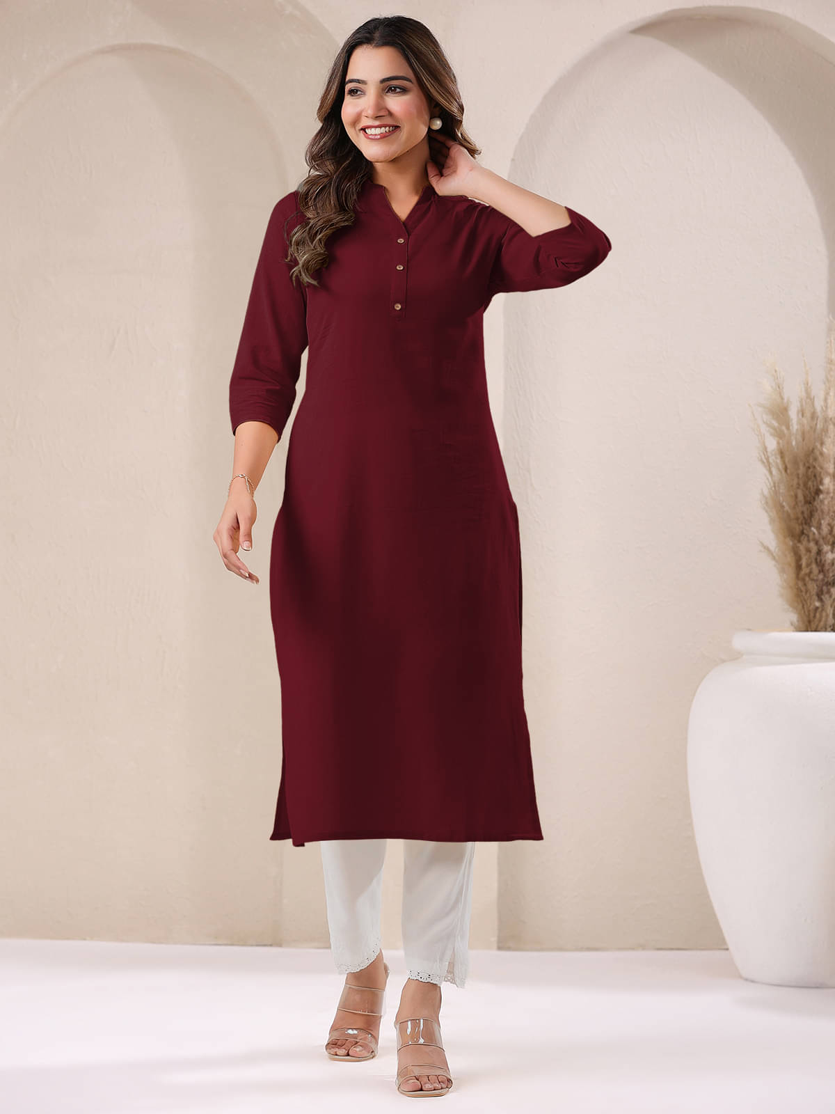 Janasya Pack of 1 Cotton Solid Straight Women's Kurti - ( Maroon ) Janasya Pack of 1 Cotton Solid Straight Women's Kurti - ( Maroon )