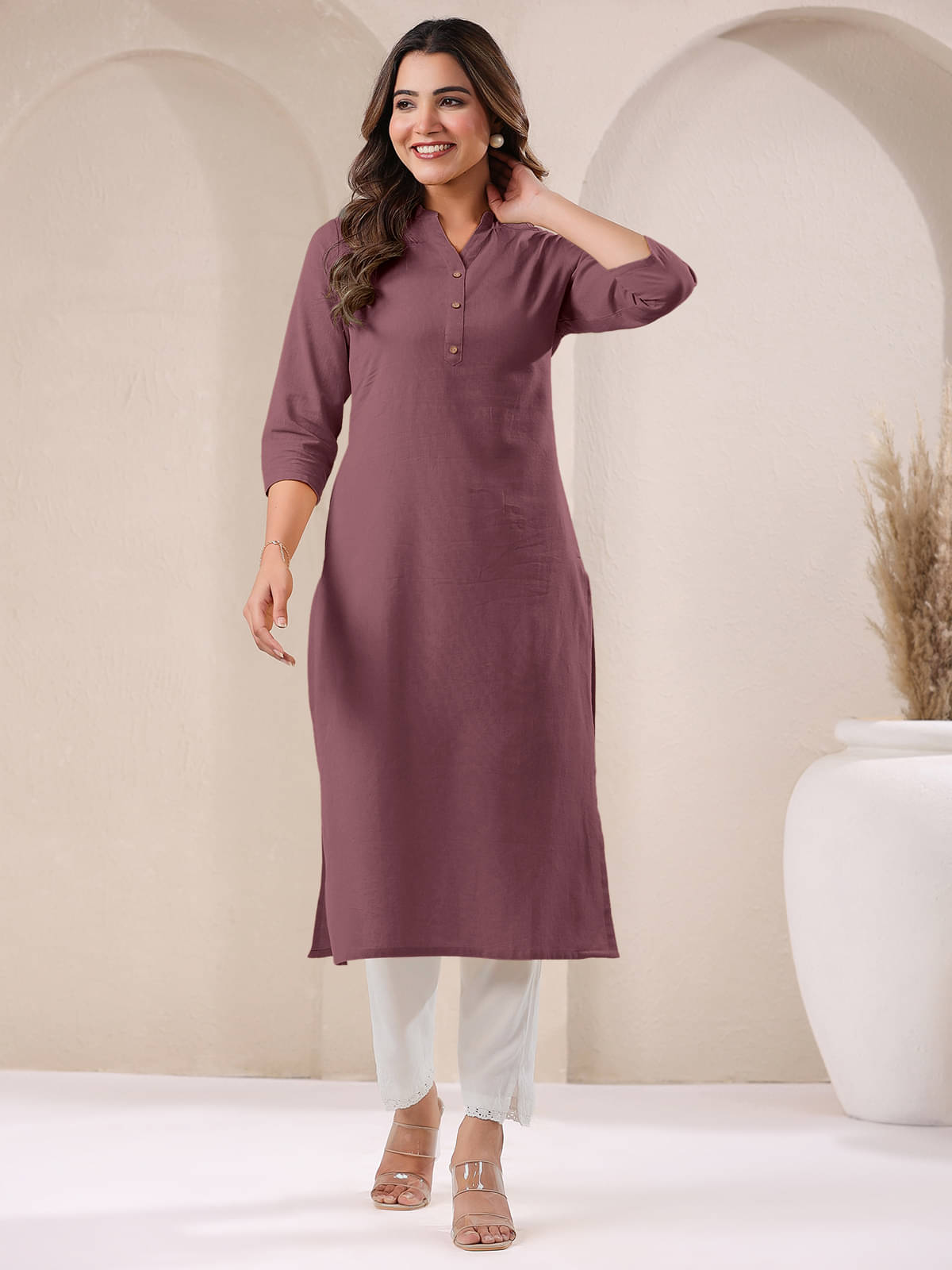 Janasya Pack of 1 Cotton Solid Straight Women's Kurti - ( Mauve ) Janasya Pack of 1 Cotton Solid Straight Women's Kurti - ( Mauve )