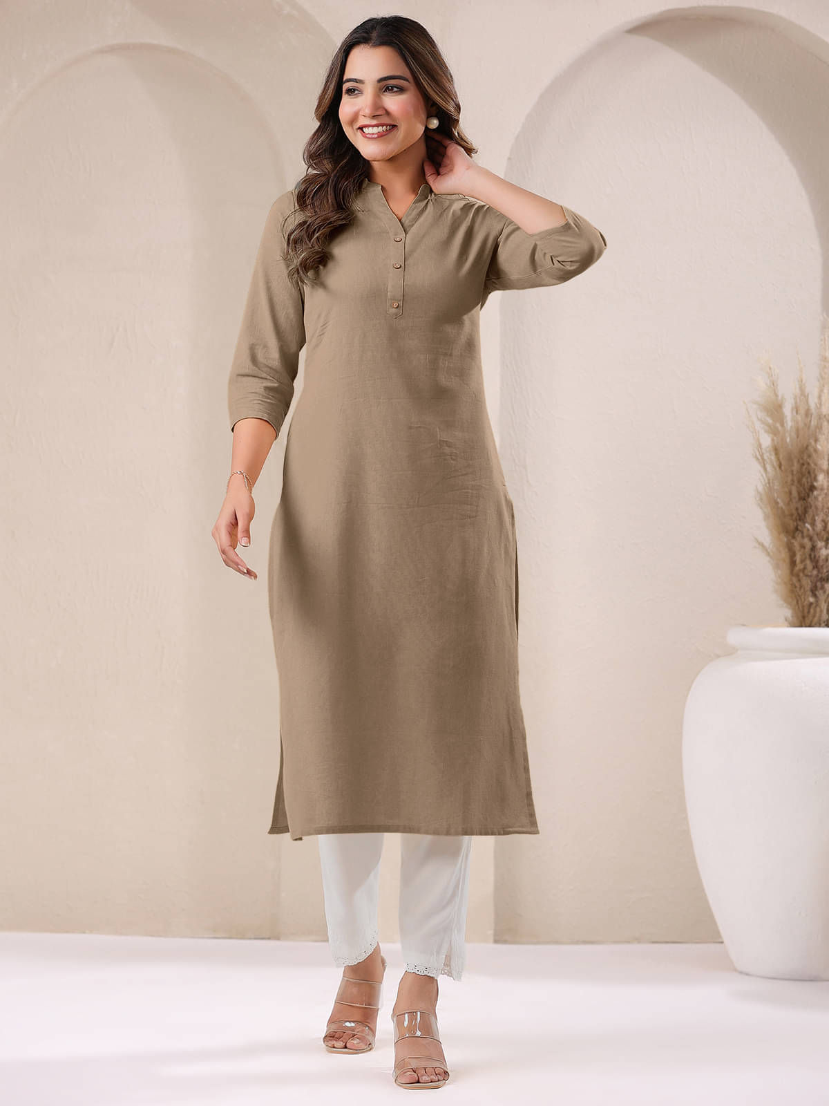     			Janasya Pack of 1 Cotton Solid Straight Women's Kurti - ( Beige )
