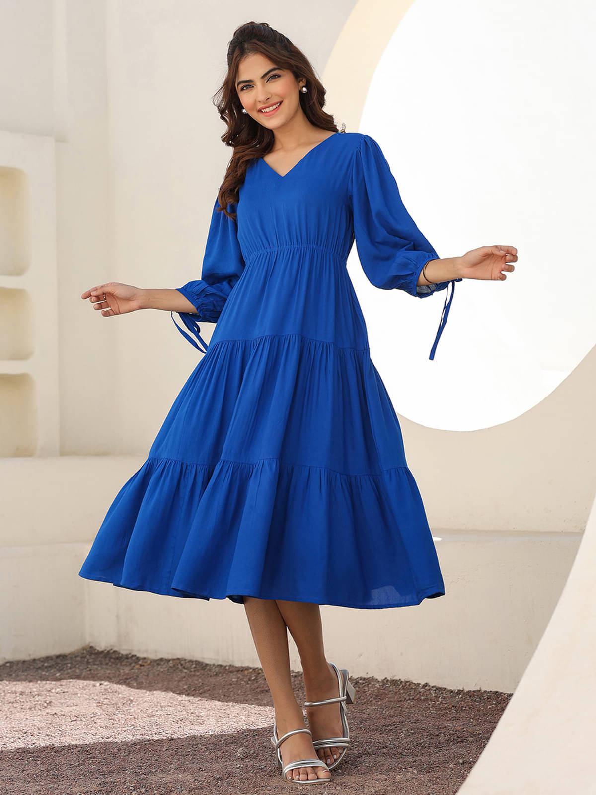    			Janasya Women Rayon Solid Fit & Flare Dress ( Blue )