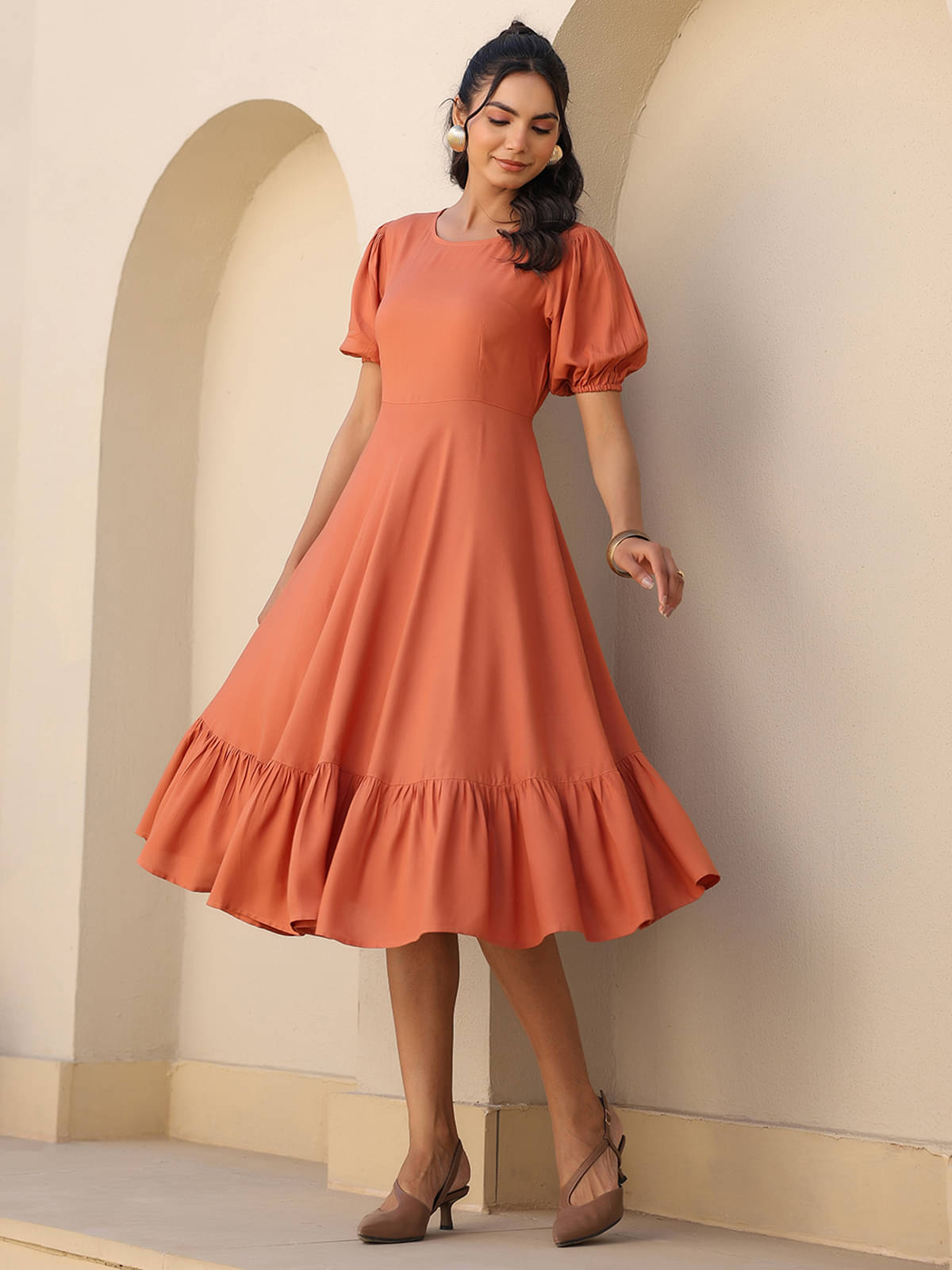 Janasya Women Rayon Solid Fit & Flare Dress ( Rust ) Janasya Women Rayon Solid Fit & Flare Dress ( Rust )