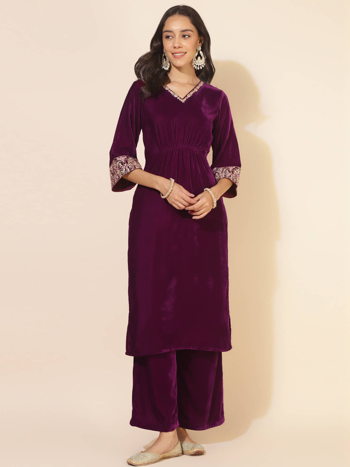     			Janasya Velvet Embroidered Kurti With Palazzo Women's Stitched Salwar Suit - Purple ( Pack of 1 )