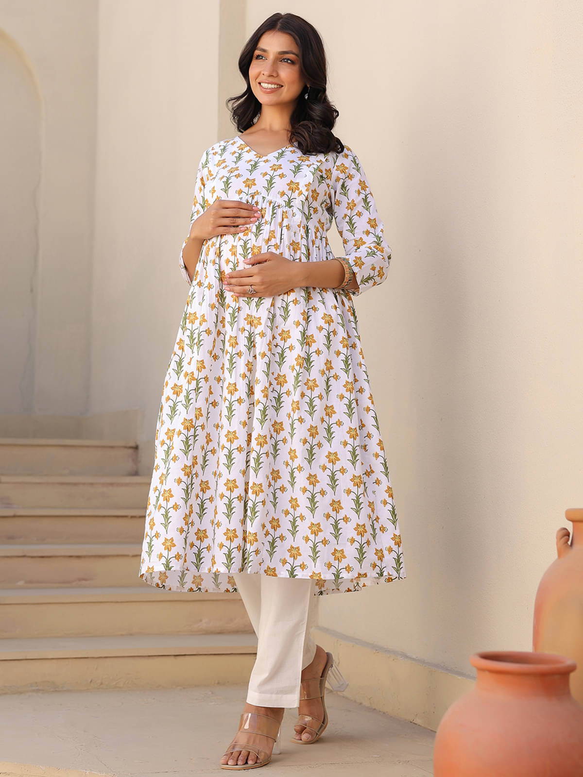 Janasya White Cotton Maternity Kurta Single Janasya White Cotton Maternity Kurta Single