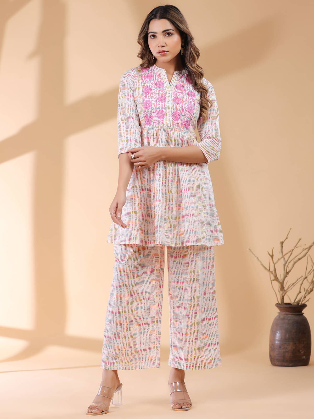     			Janasya Women Embroidered Tunic With Trousers Co-Ord Set ( White )