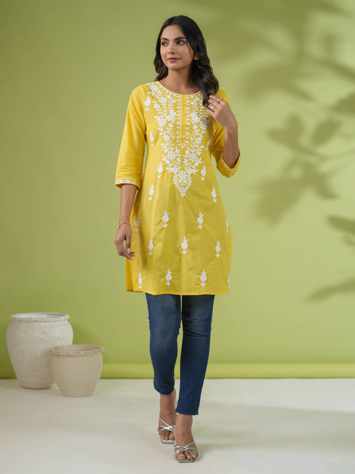     			Janasya Yellow Cotton Women's Tunic ( Pack of 1 )