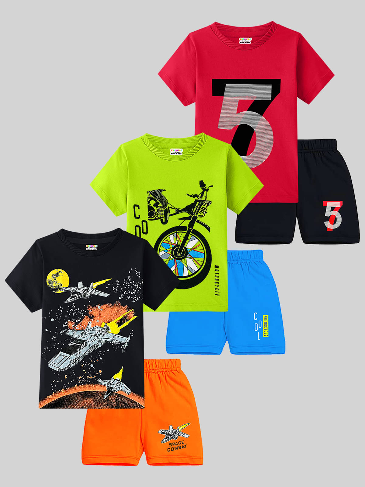 Kuchipoo Pack of 3 Boys Cotton Blend T-Shirt & Shorts Set ( Multicolor 2 ) Kuchipoo Pack of 3 Boys Cotton Blend T-Shirt & Shorts Set ( Multicolor 2 )