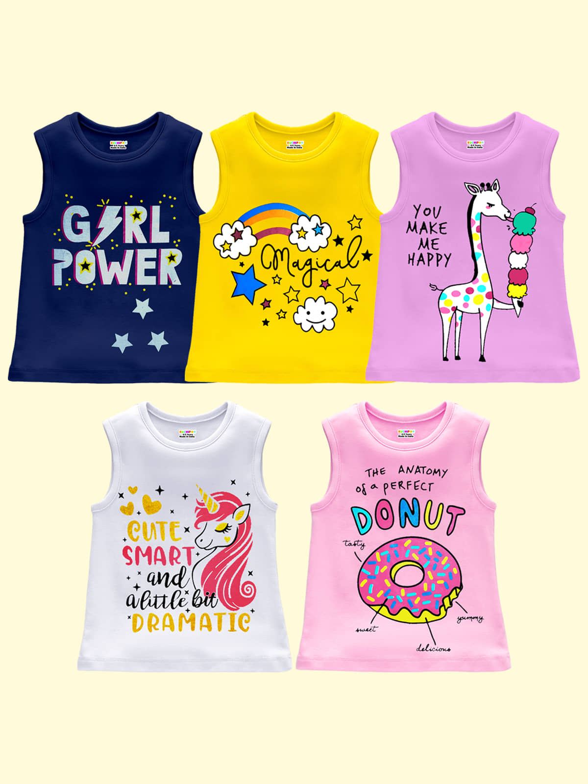 Kuchipoo Pack of 5 Girls Cotton Blend T-Shirt ( Multicolor 3 )