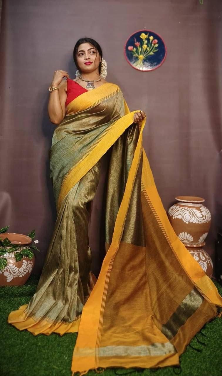     			SARADA HANDLOOM Cotton Colorblock Saree With Unstitched Blouse Piece ( Khaki )