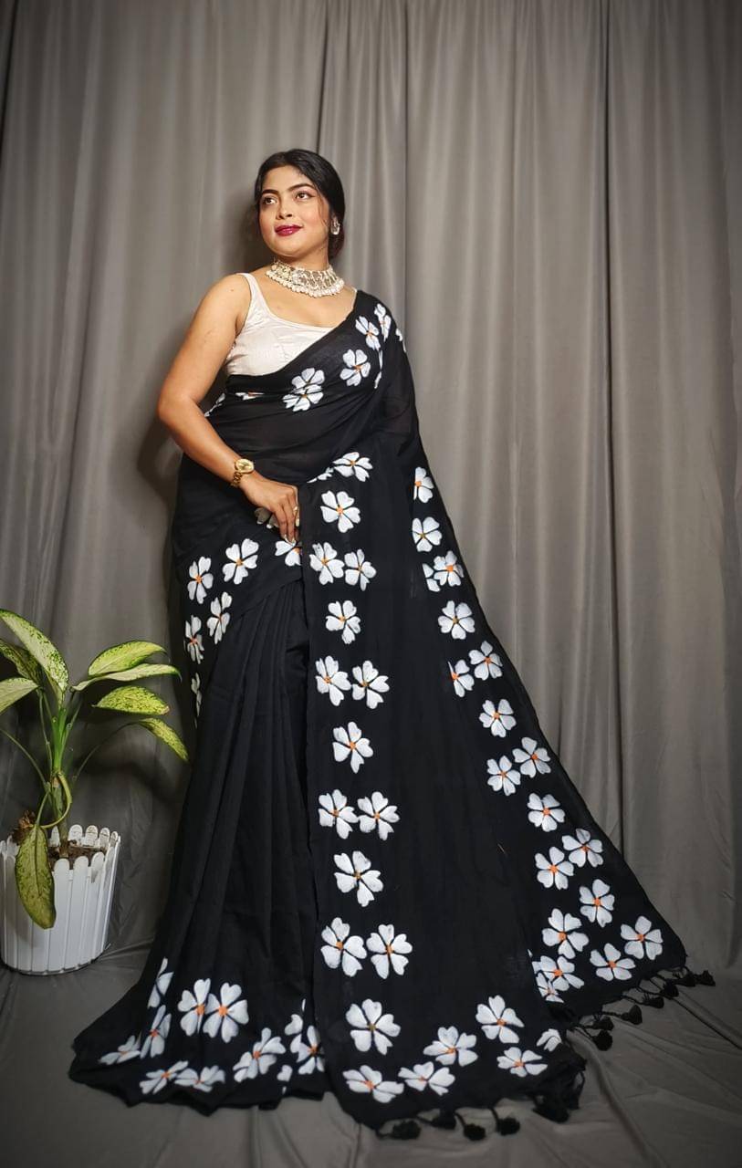     			SARADA HANDLOOM Cotton Printed Saree With Unstitched Blouse Piece ( Black )