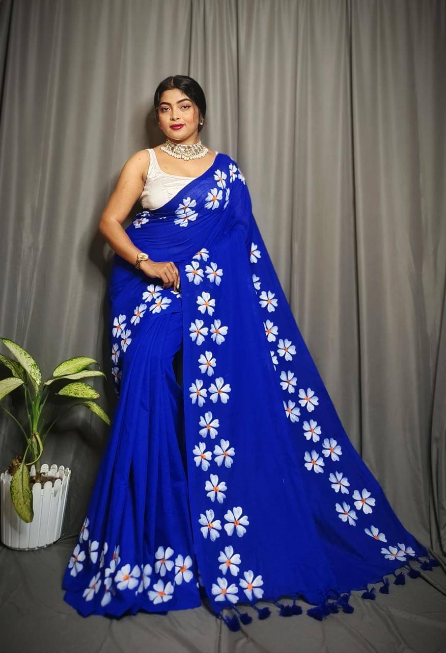     			SARADA HANDLOOM Cotton Printed Saree With Unstitched Blouse Piece ( Blue )