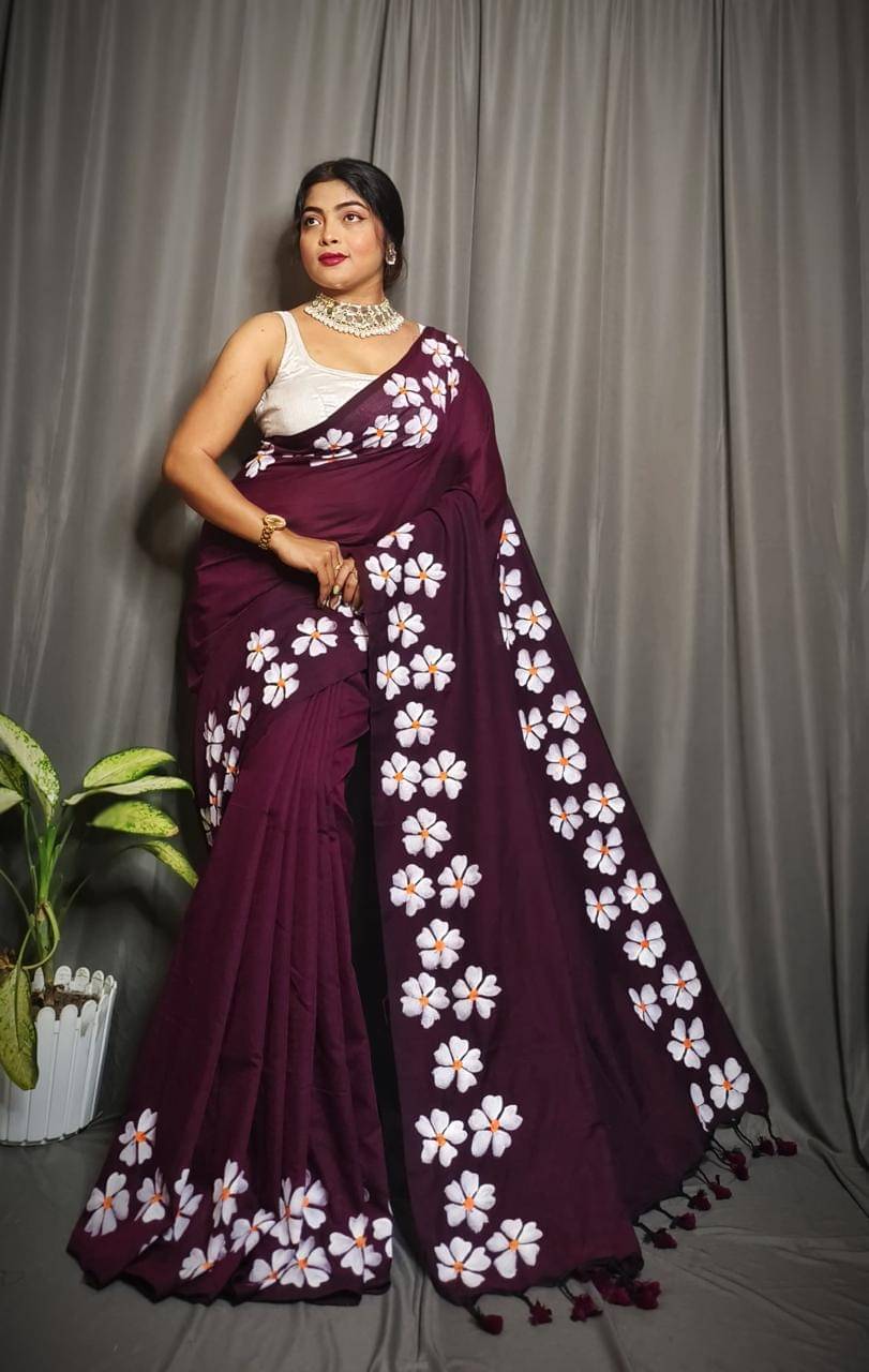 SARADA HANDLOOM Cotton Printed Saree With Unstitched Blouse Piece ( Wine ) SARADA HANDLOOM Cotton Printed Saree With Unstitched Blouse Piece ( Wine )