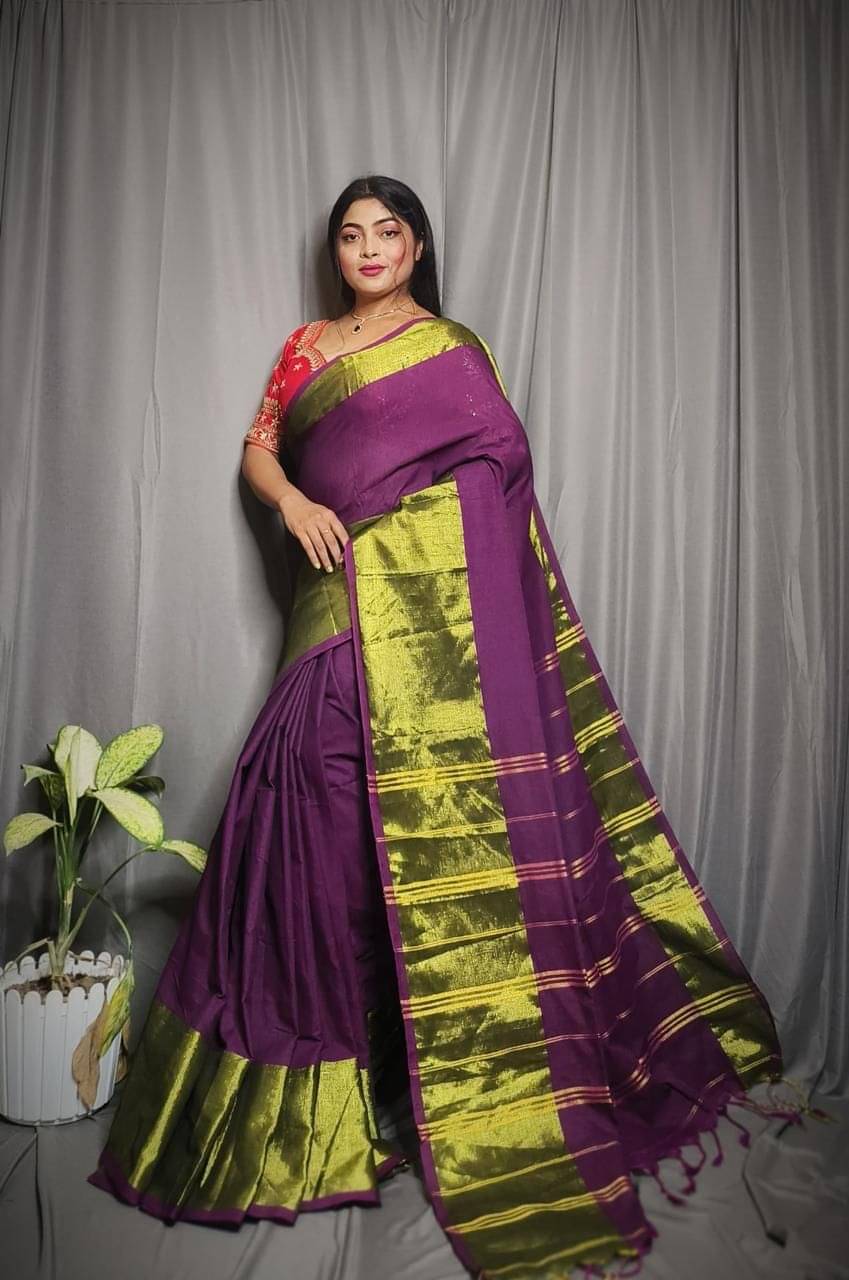     			SARADA HANDLOOM Cotton Striped Saree With Unstitched Blouse Piece ( Magenta )