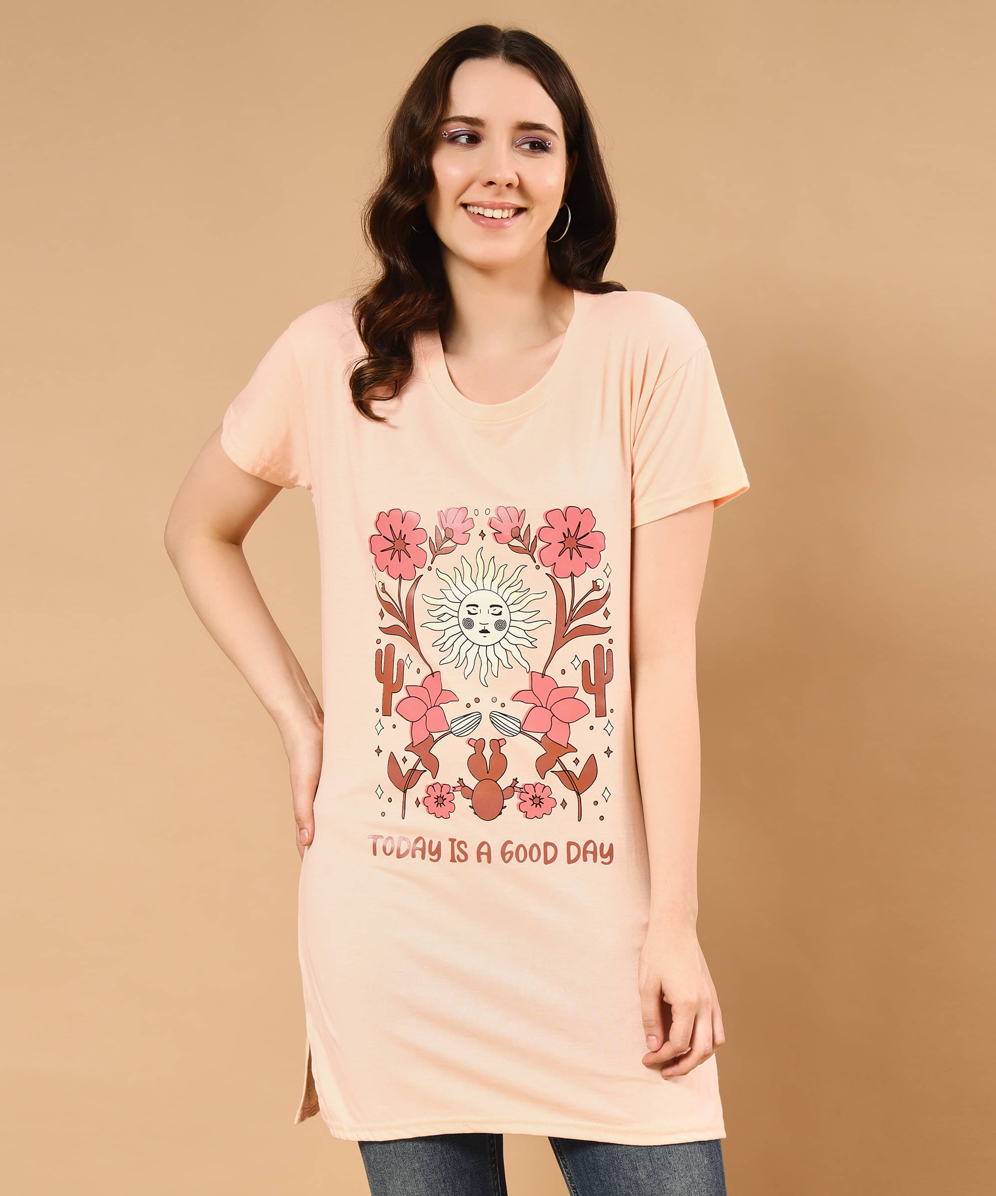     			TWOCRAZIIE Women Cotton Printed T-shirt Dress ( Pink )