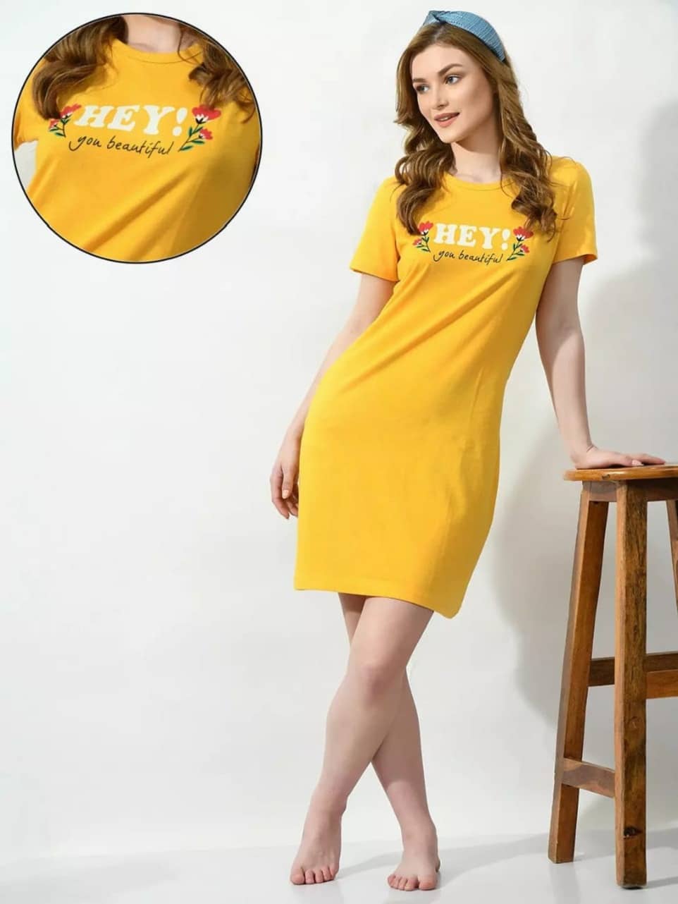 TWOCRAZIIE Women Cotton Printed T-shirt Dress ( Yellow )