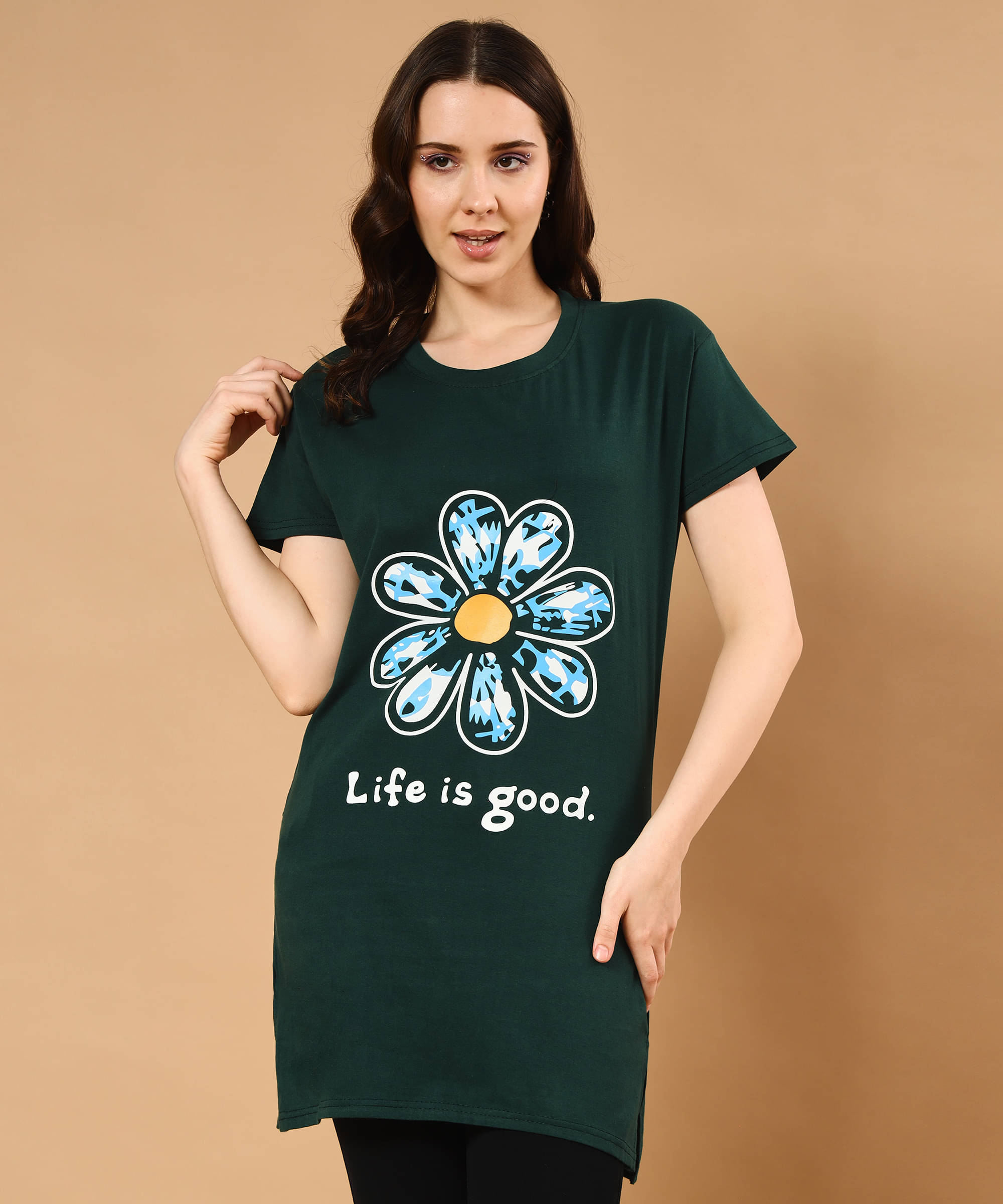     			TWOCRAZIIE Women Cotton Printed T-shirt Dress ( Green )