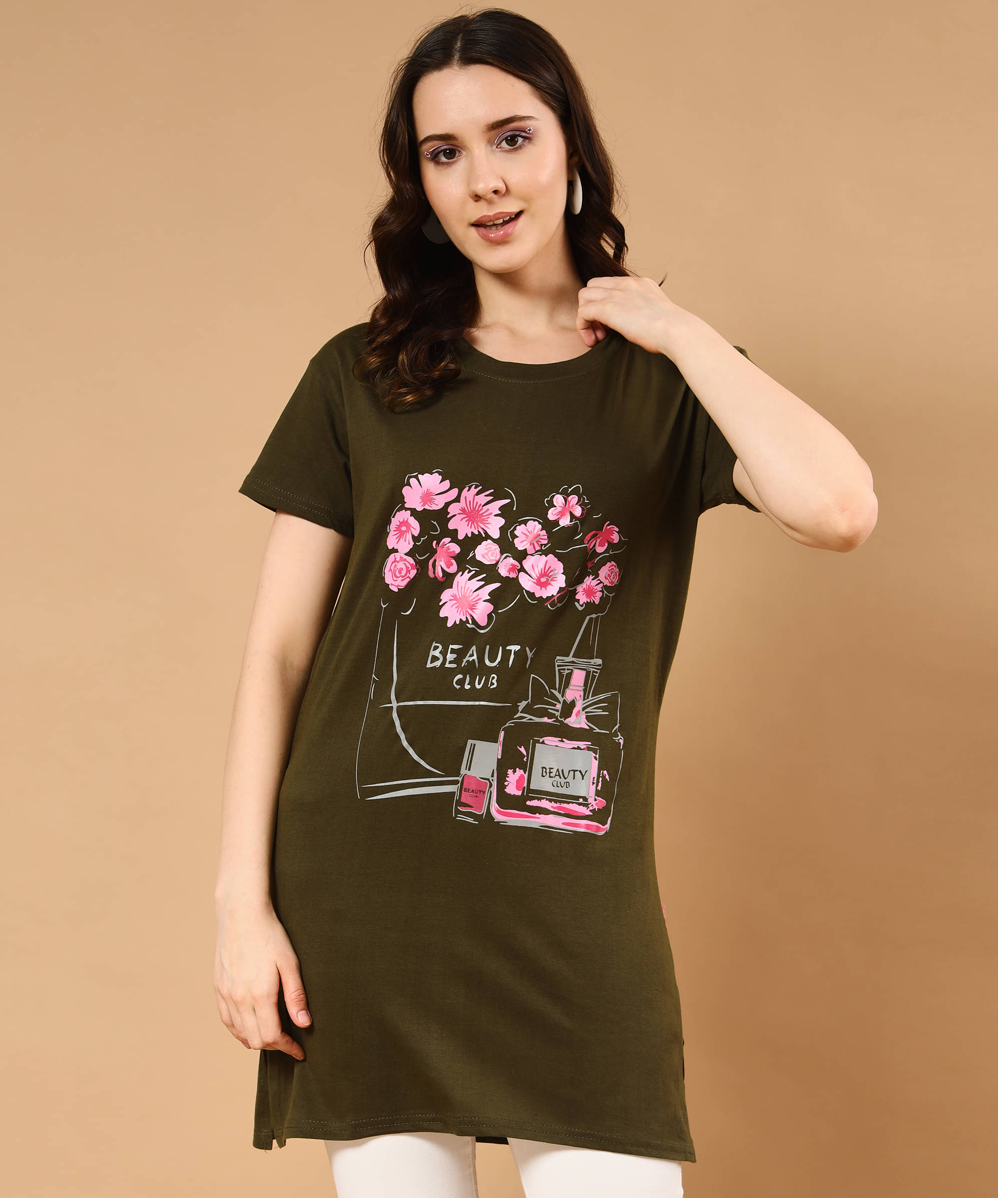 TWOCRAZIIE Women Cotton Printed T-shirt Dress ( Green ) TWOCRAZIIE Women Cotton Printed T-shirt Dress ( Green )