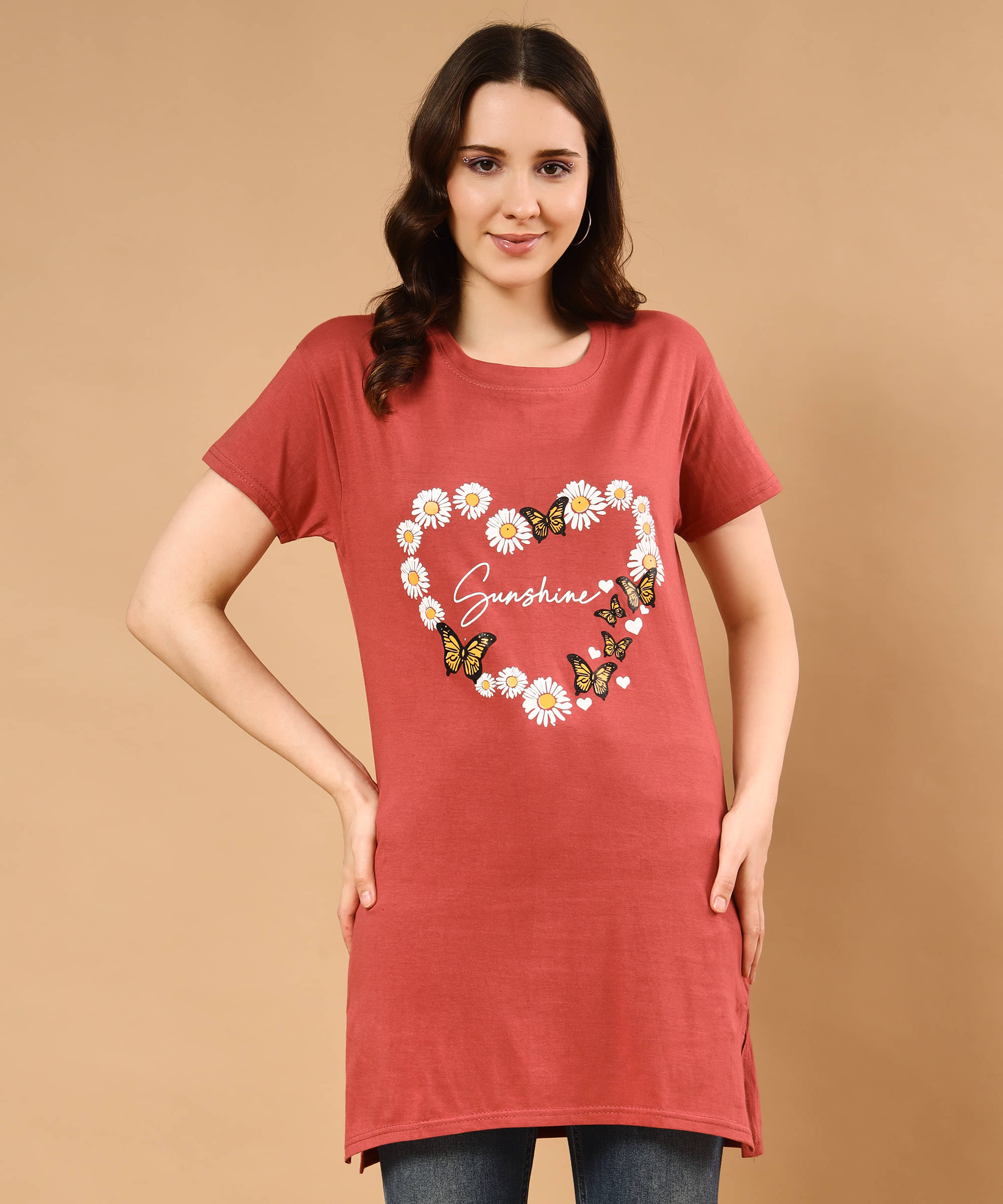     			TWOCRAZIIE Women Cotton Printed T-shirt Dress ( Maroon )