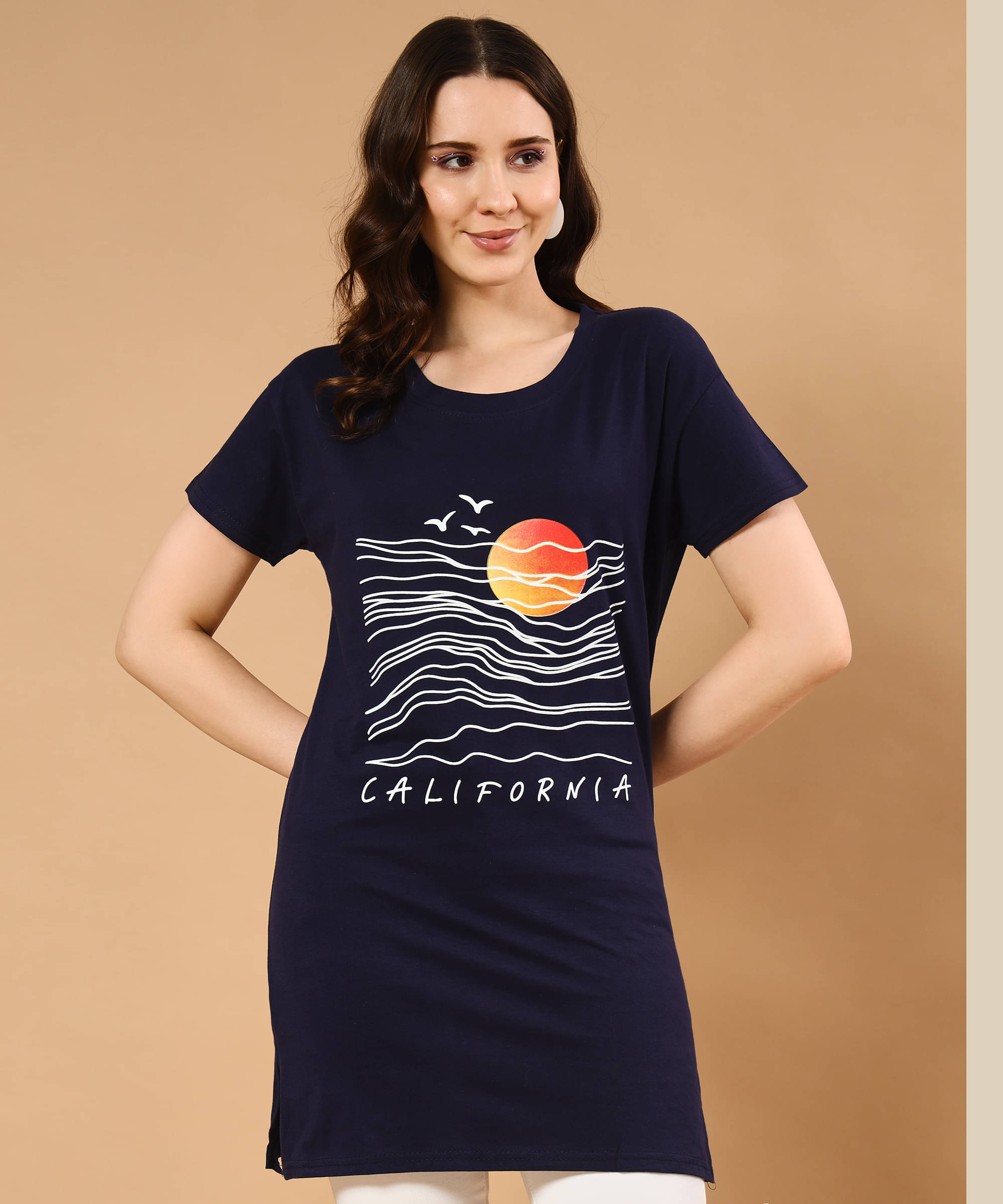     			TWOCRAZIIE Women Cotton Printed T-shirt Dress ( Navy Blue )