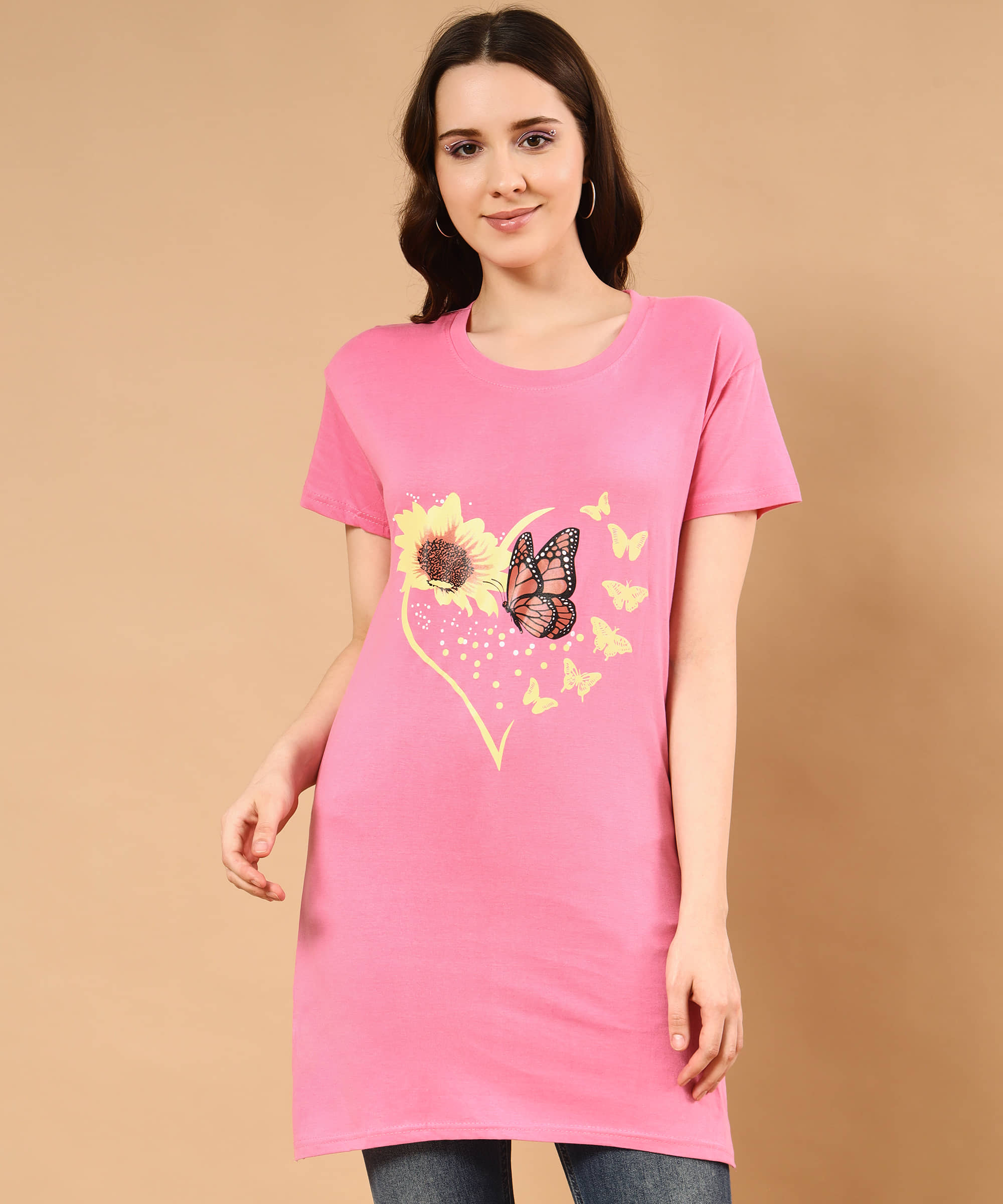 TWOCRAZIIE Women Cotton Printed T-shirt Dress ( Pink )