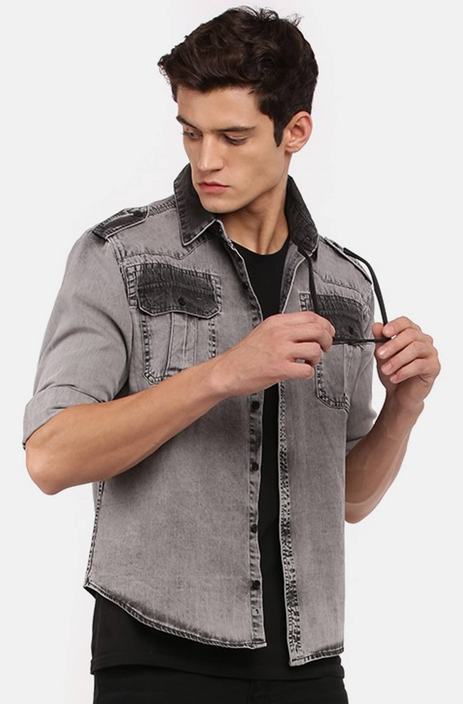 VOXATI Denim Regular Fit Solids Full Sleeves Men's Casual Shirt - Grey ( Pack of 1 )