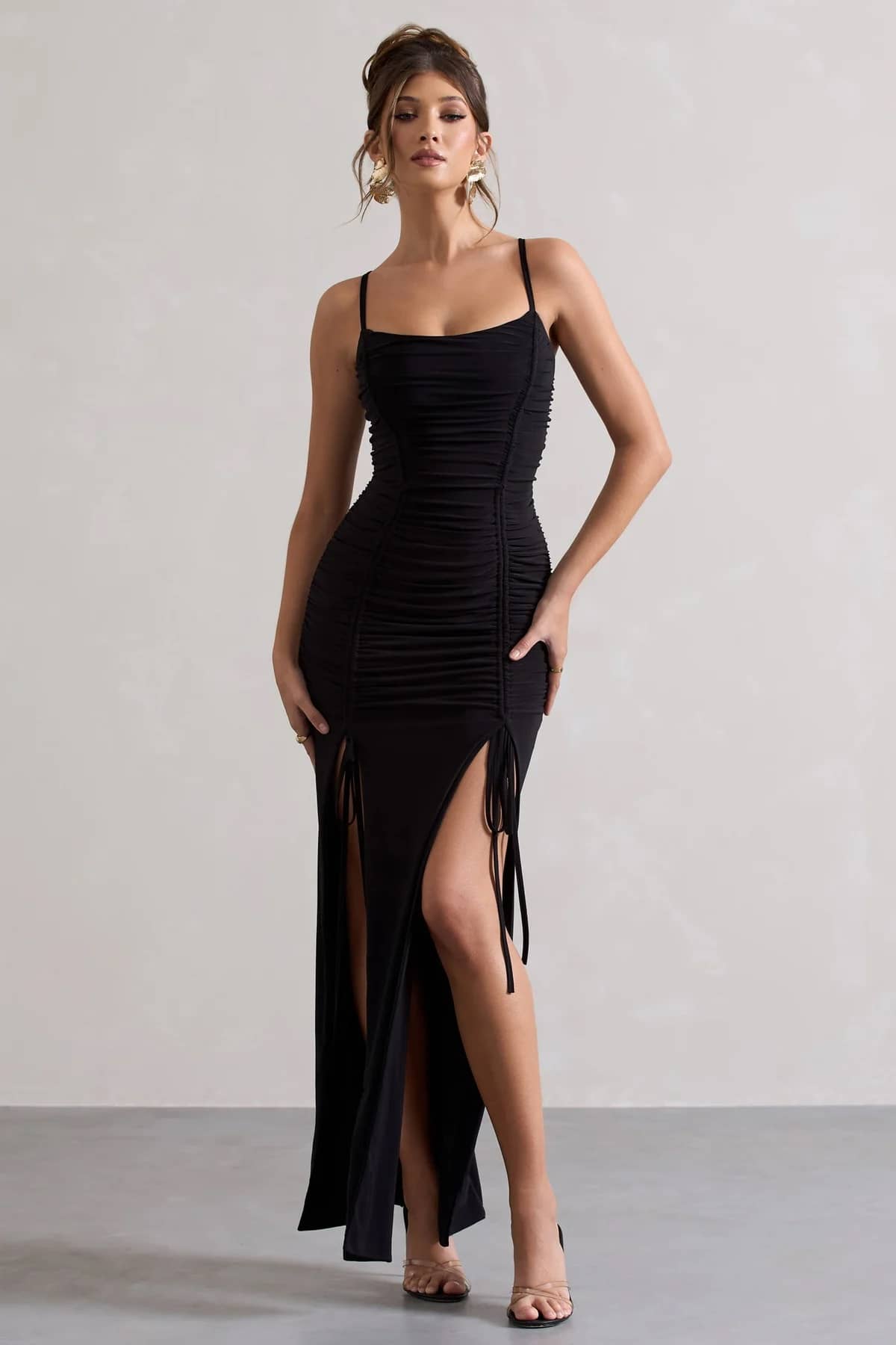 wanquila Women Lycra Solid Side Slit Dress ( Black )