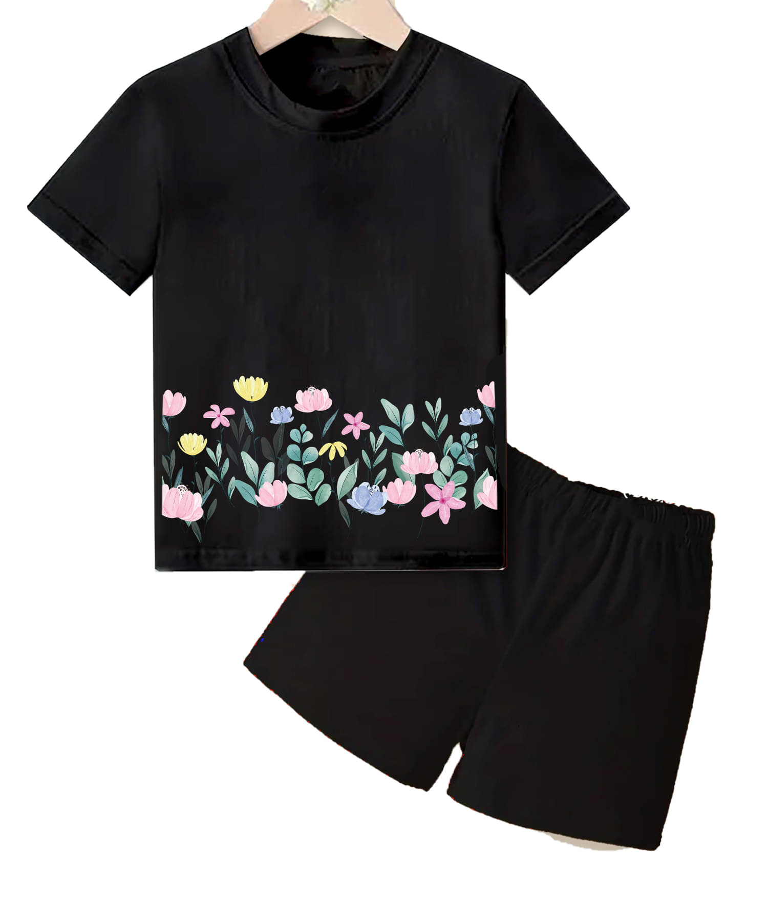     			Detees Pack of 1 Girls Cotton T-shirt & Shorts ( White & Black )