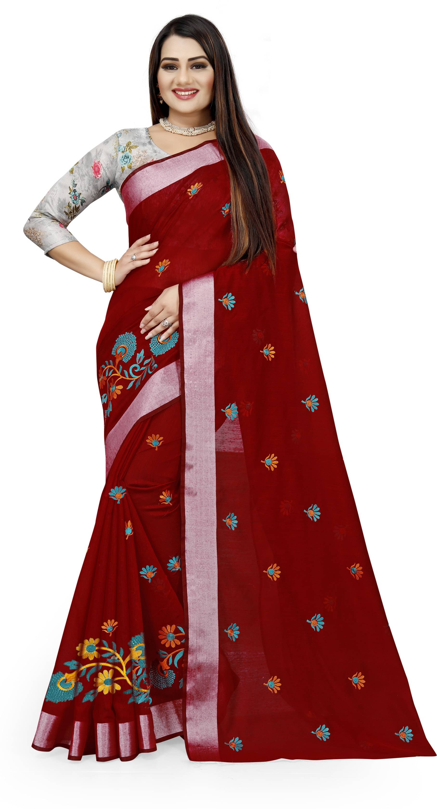     			Indian Fashionista Cotton Blend Embroidered Saree With Unstitched Blouse Piece ( Maroon )