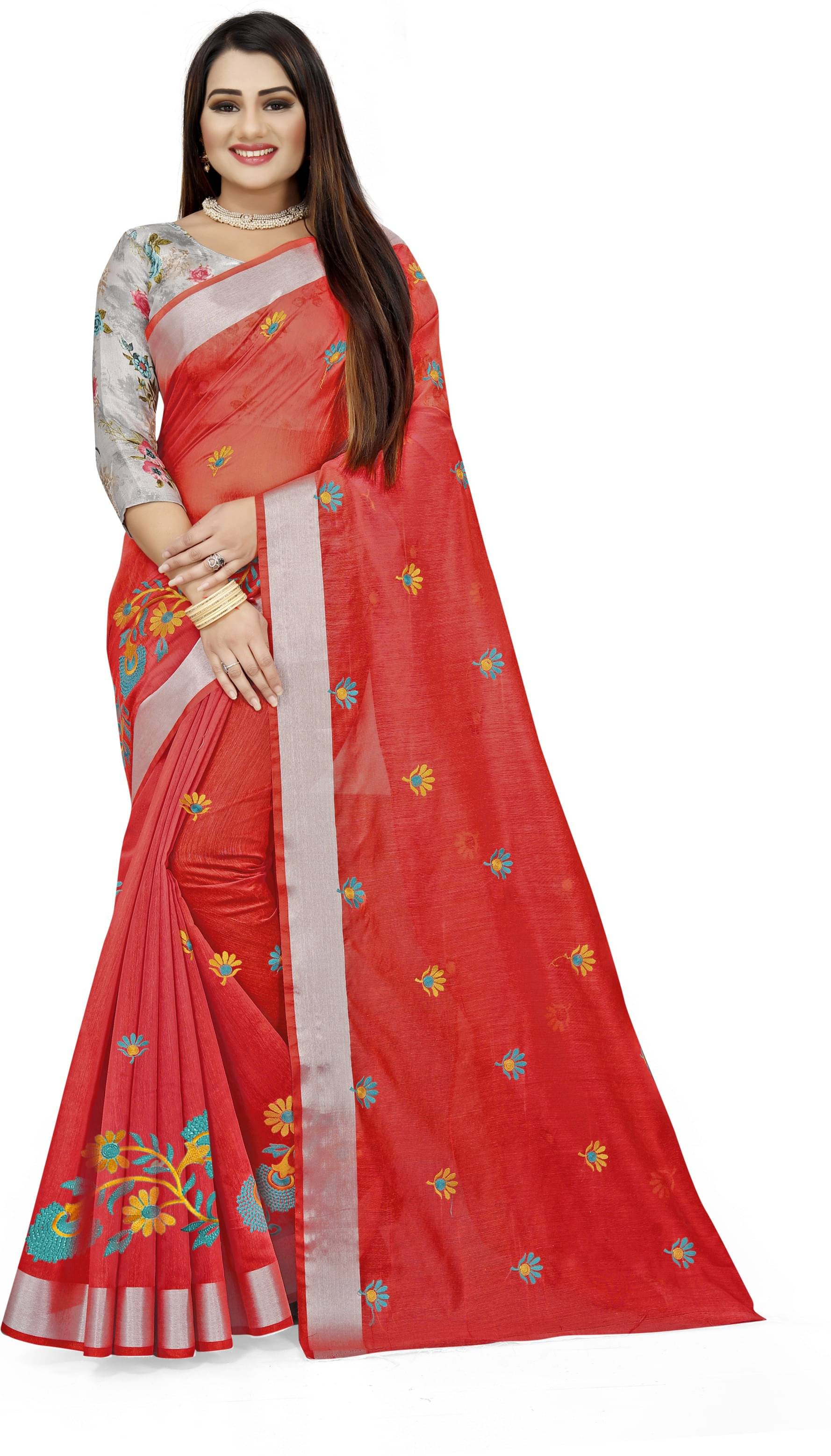 Indian Fashionista Cotton Blend Embroidered Saree With Unstitched Blouse Piece ( Orange ) Indian Fashionista Cotton Blend Embroidered Saree With Unstitched Blouse Piece ( Orange )